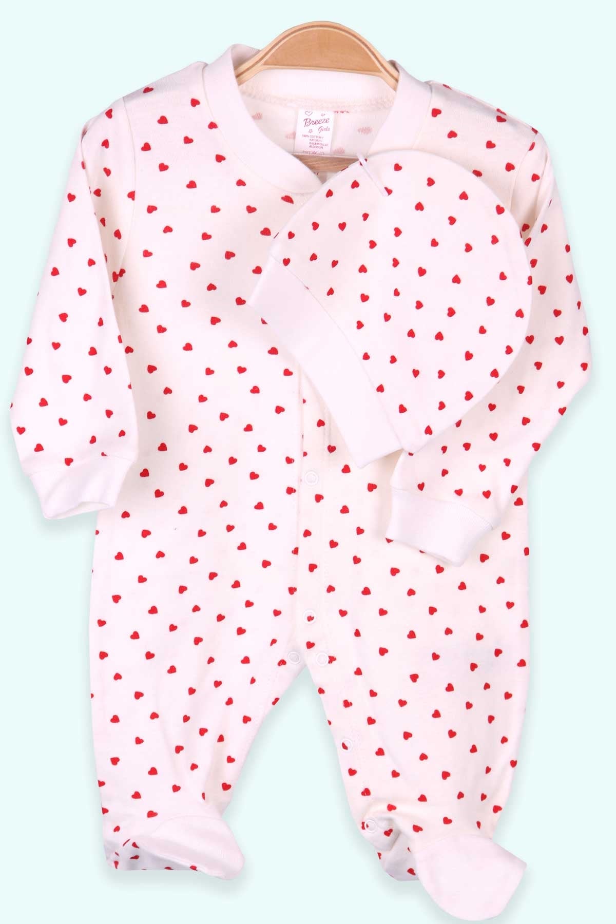 Breeze Kız Bebek Tulum Kalpli Şapkalı Set Ekru (0-3 Ay-4 Ay)