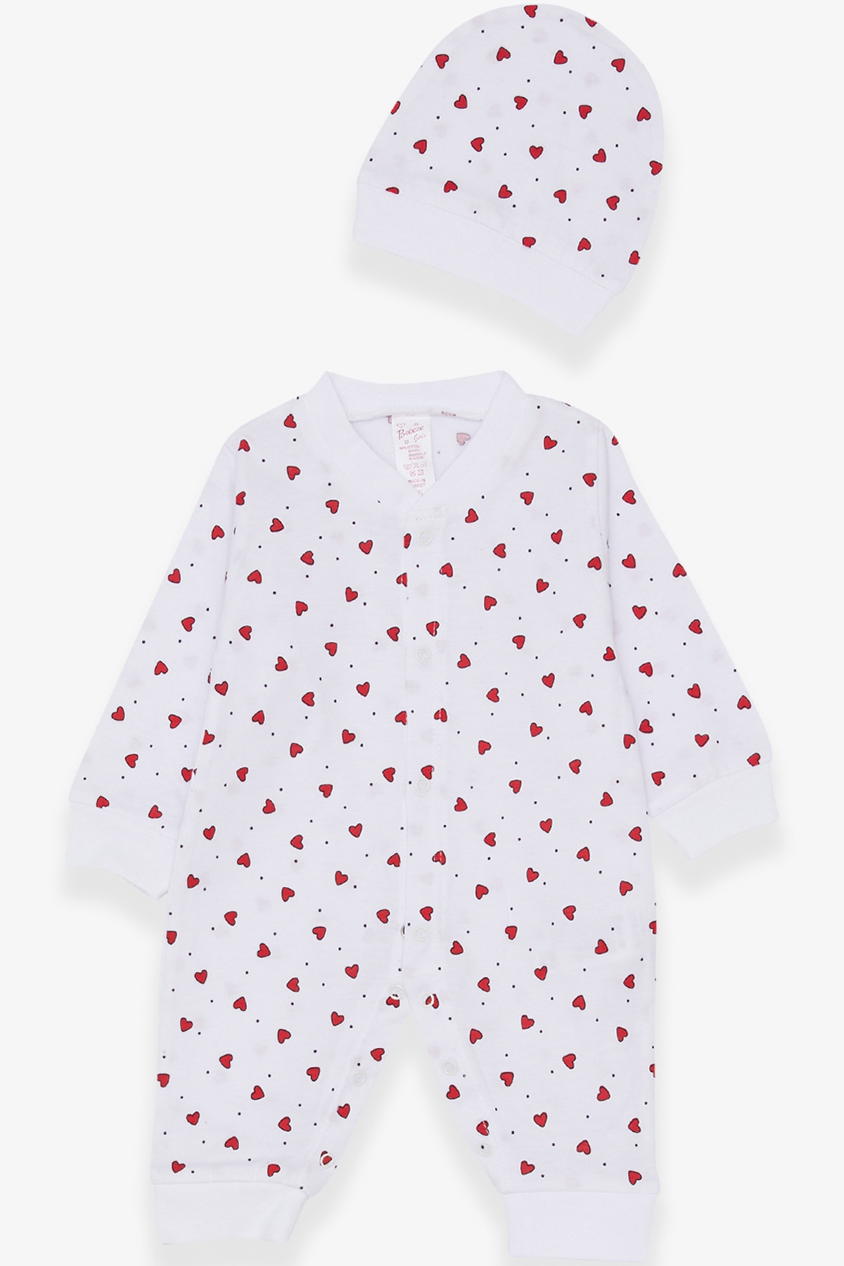 Breeze Kız Bebek Tulum Kırmızı Kalp Desenli Beyaz (0-3 Ay-6 Ay)