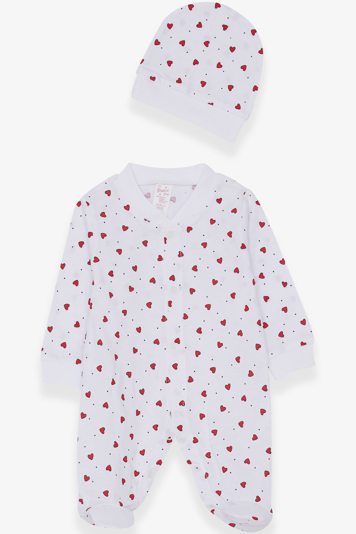 Breeze Kız Bebek Tulum Kırmızı Kalp Desenli Beyaz (0-3 Ay-6 Ay)