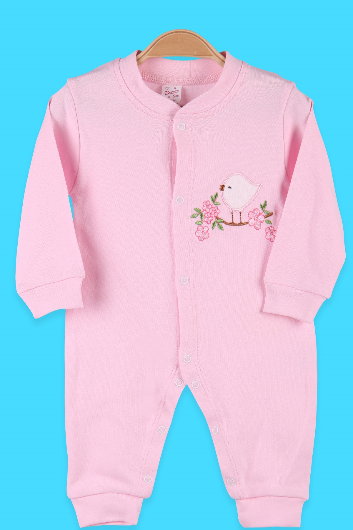 Breeze Kız Bebek Tulum Nakışlı Kuş Pudra (0-3 Ay-4 Ay)