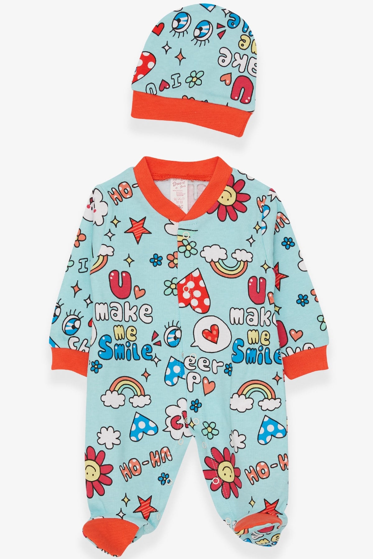 Breeze Kız Bebek Tulum Neşeli Bulutcuk Desenli Turkuaz (0-3 Ay-6 Ay)