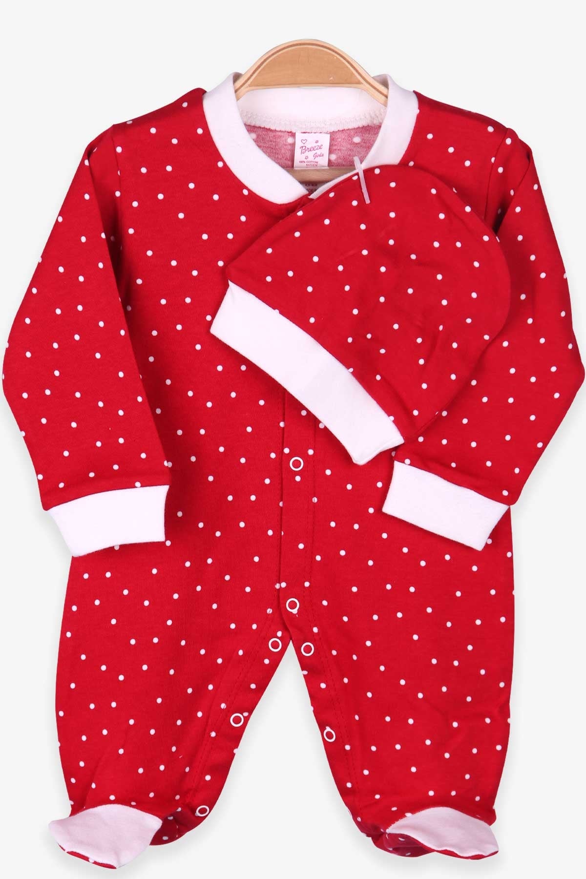 Breeze Kız Bebek Tulum Puantiyeli Şapkalı Set Kırmızı (0-3 Ay-4 Ay)