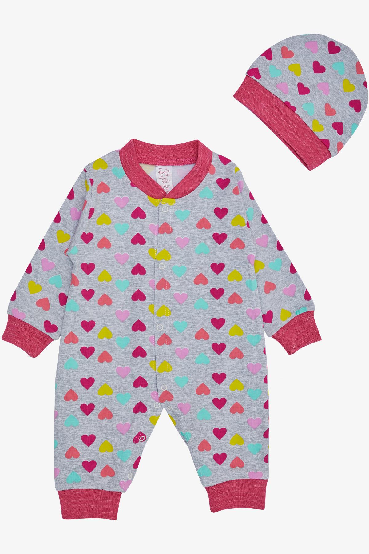Breeze Kız Bebek Tulum Renkli Kalp Desenli Açık Gri Melanj (0-6 Ay)