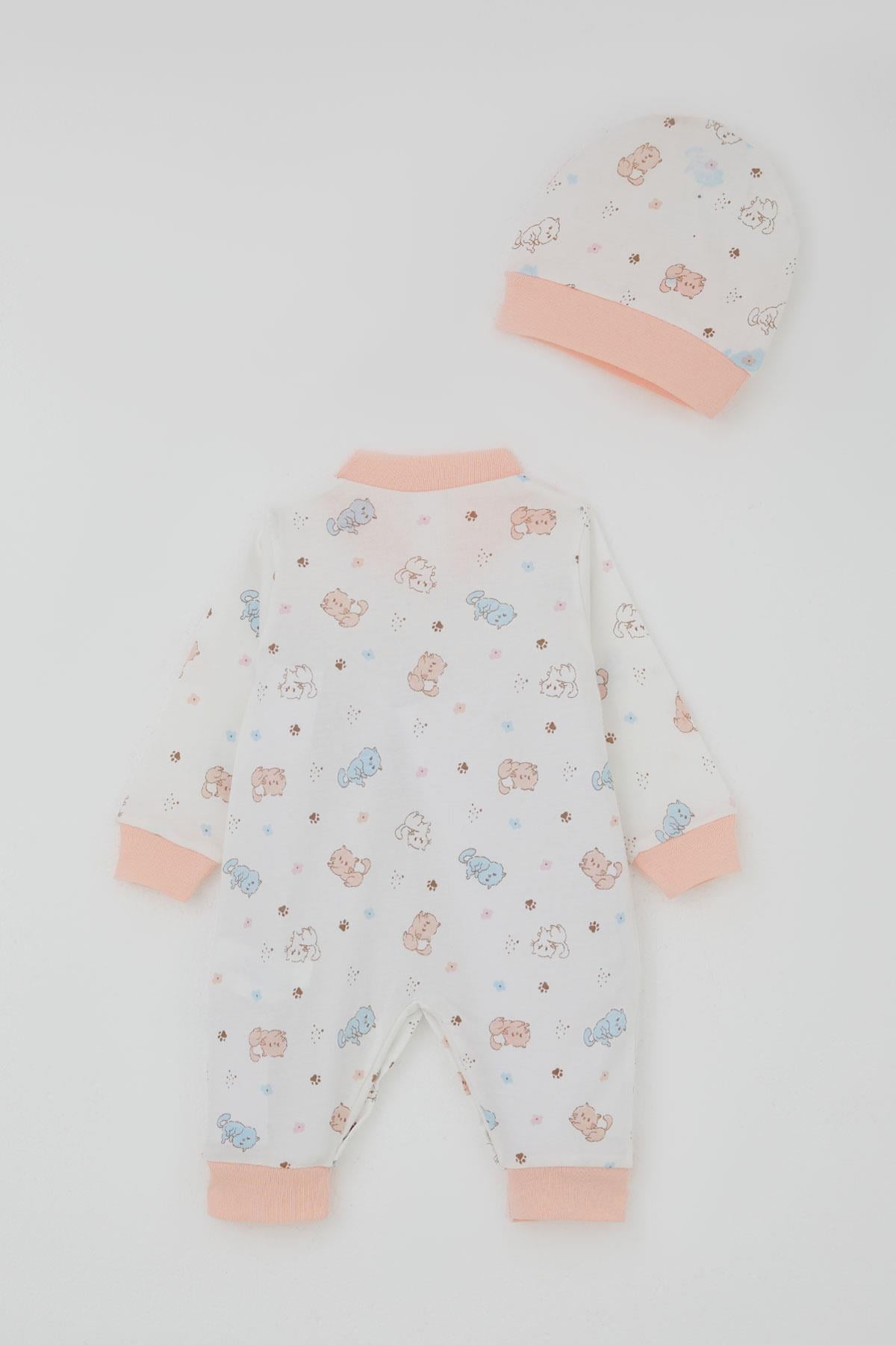 Breeze Kız Bebek Tulum Renkli Kedicik Desenli Minnoş Ayaklar Beyaz (0-6 Ay)