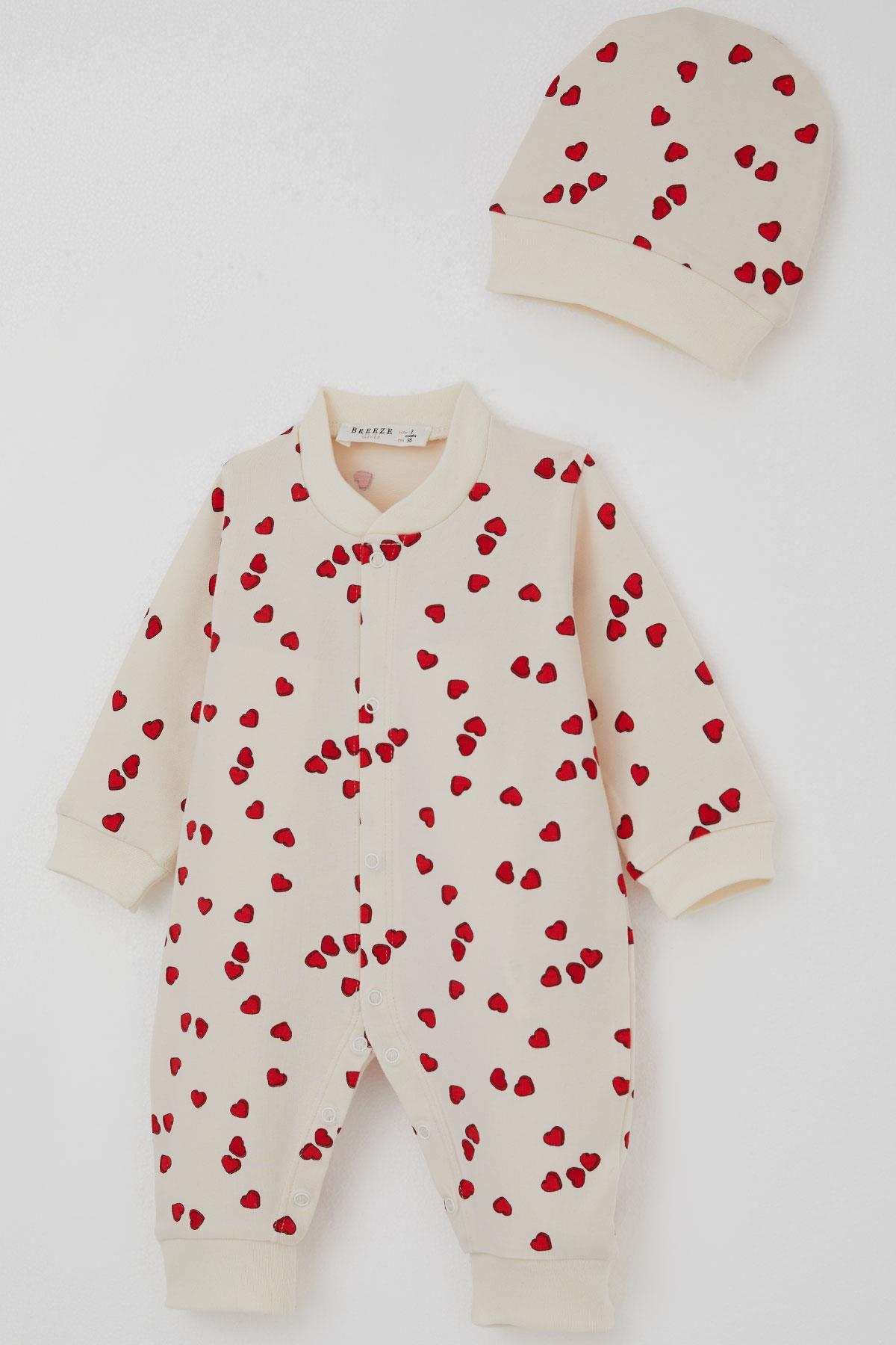 Breeze Kız Bebek Tulum Sevgi Temalı Kalp Desenli Krem (0-6 Ay)