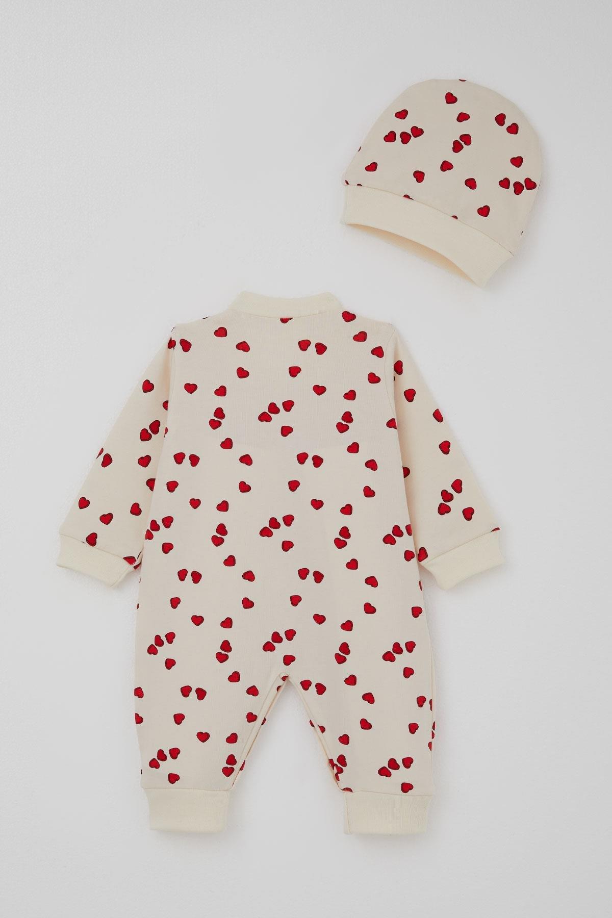 Breeze Kız Bebek Tulum Sevgi Temalı Kalp Desenli Krem (0-6 Ay)
