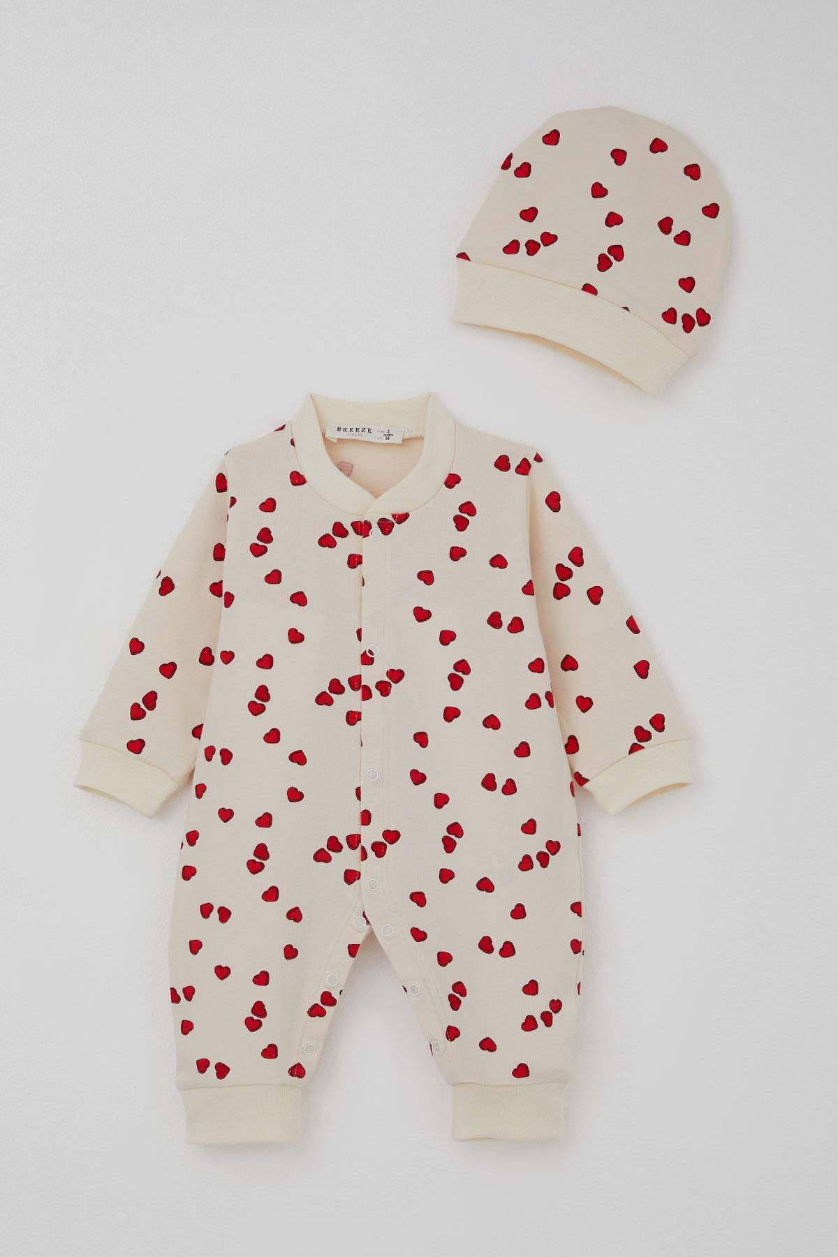 Breeze Kız Bebek Tulum Sevgi Temalı Kalp Desenli Krem (0-6 Ay)