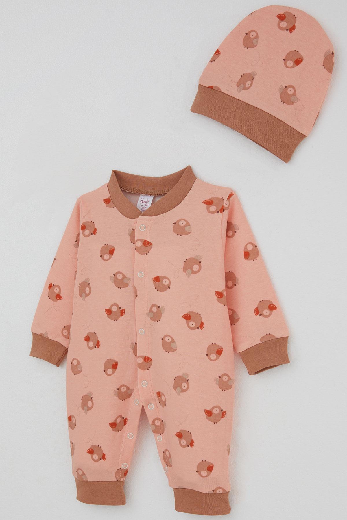 Breeze Kız Bebek Tulum Sevimli Kuşlar Desenli Somon (0-6 Ay)