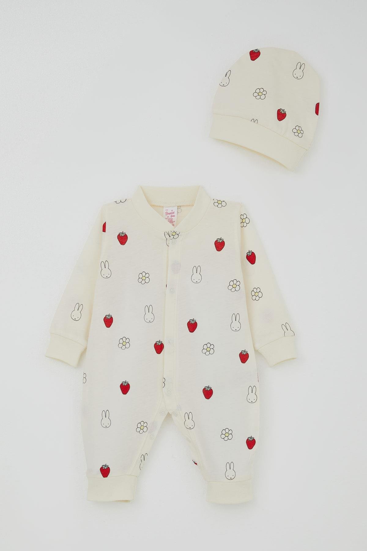 Breeze Kız Bebek Tulum Sevimli Tavşancık & Çilek Desenli Ekru (0-6 Ay)