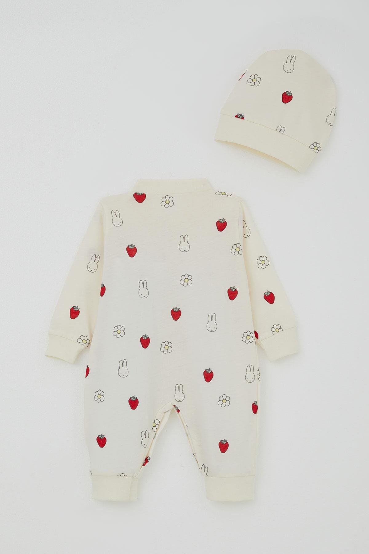 Breeze Kız Bebek Tulum Sevimli Tavşancık & Çilek Desenli Ekru (0-6 Ay)