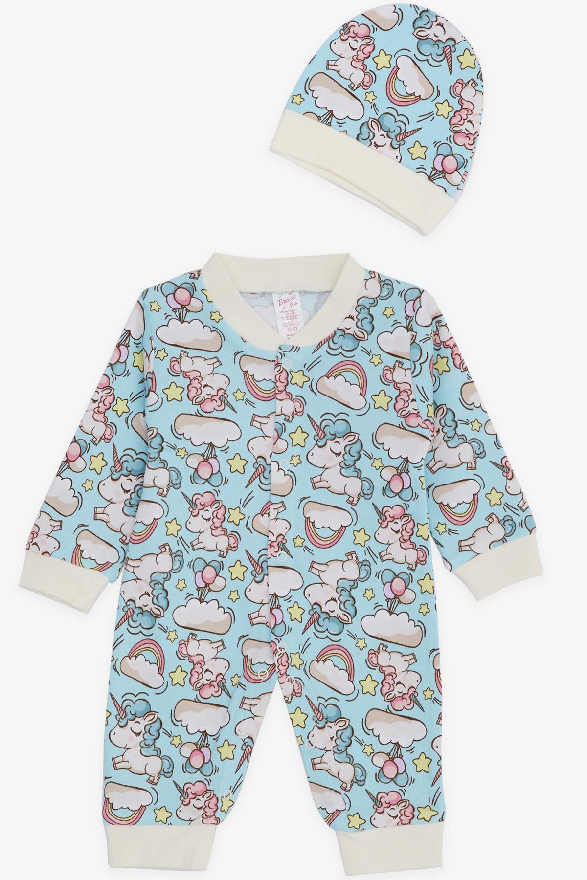 Breeze Kız Bebek Tulum Unicorn Desenli Gökyüzü Temalı Açık Mavi (0-3 Ay-6 Ay)