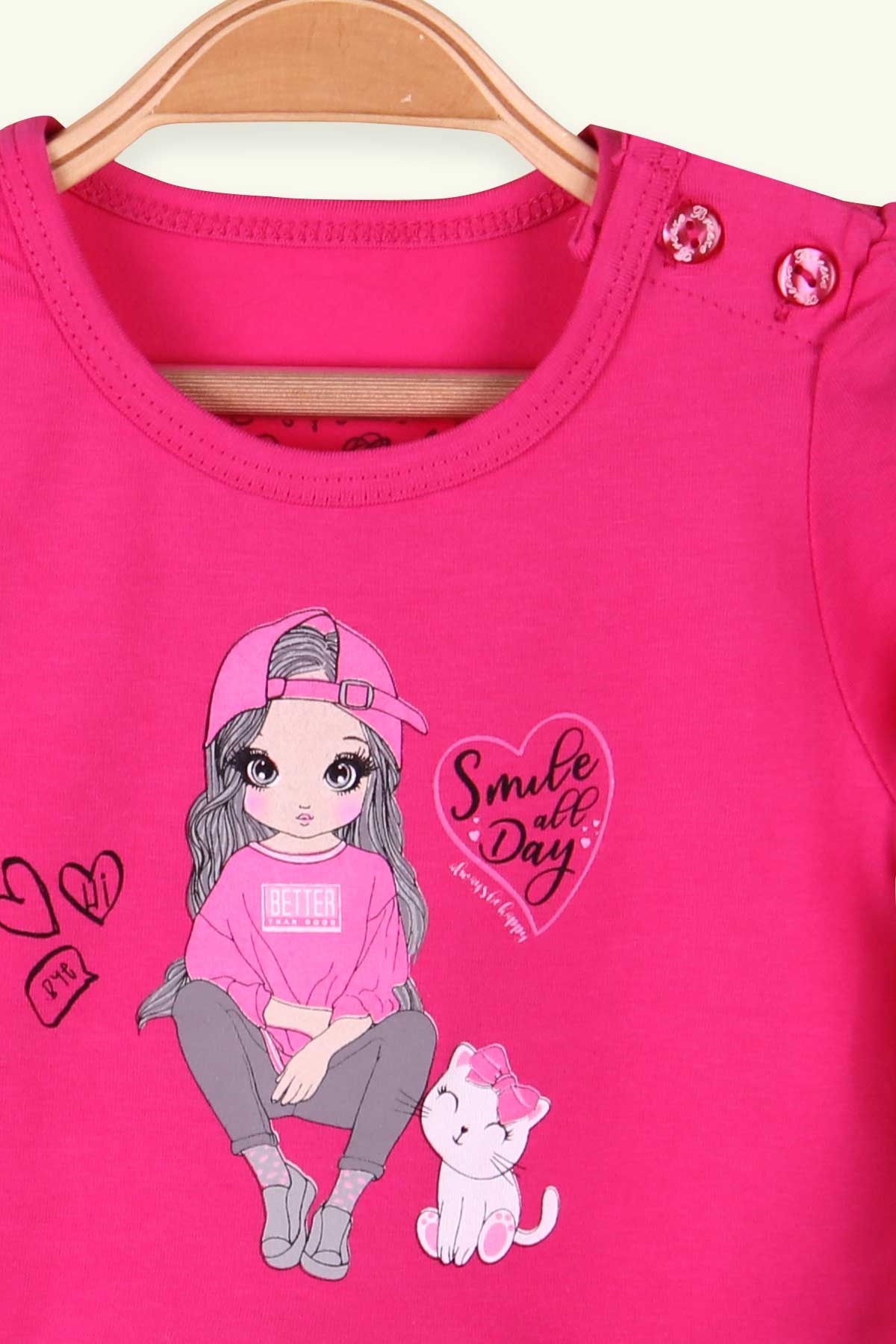Breeze Kız Bebek Uzun Kollu Elbise Bebekli Kedili Baskılı Fuşya (9 Ay-3 Yaş)