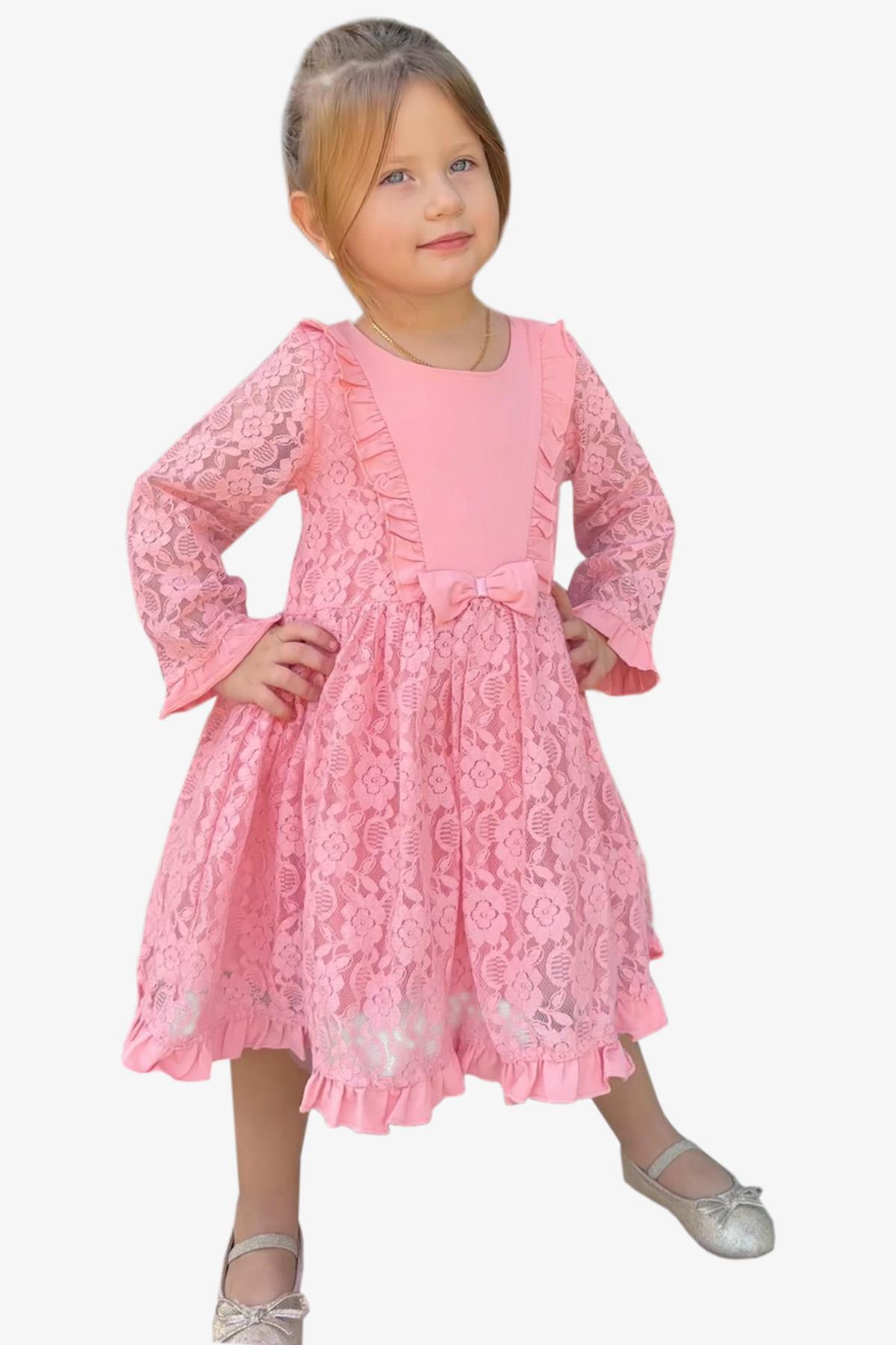 Breeze Kız Bebek Uzun Kollu Elbise Dantelli Fiyonklu Pudra (2 Yaş)