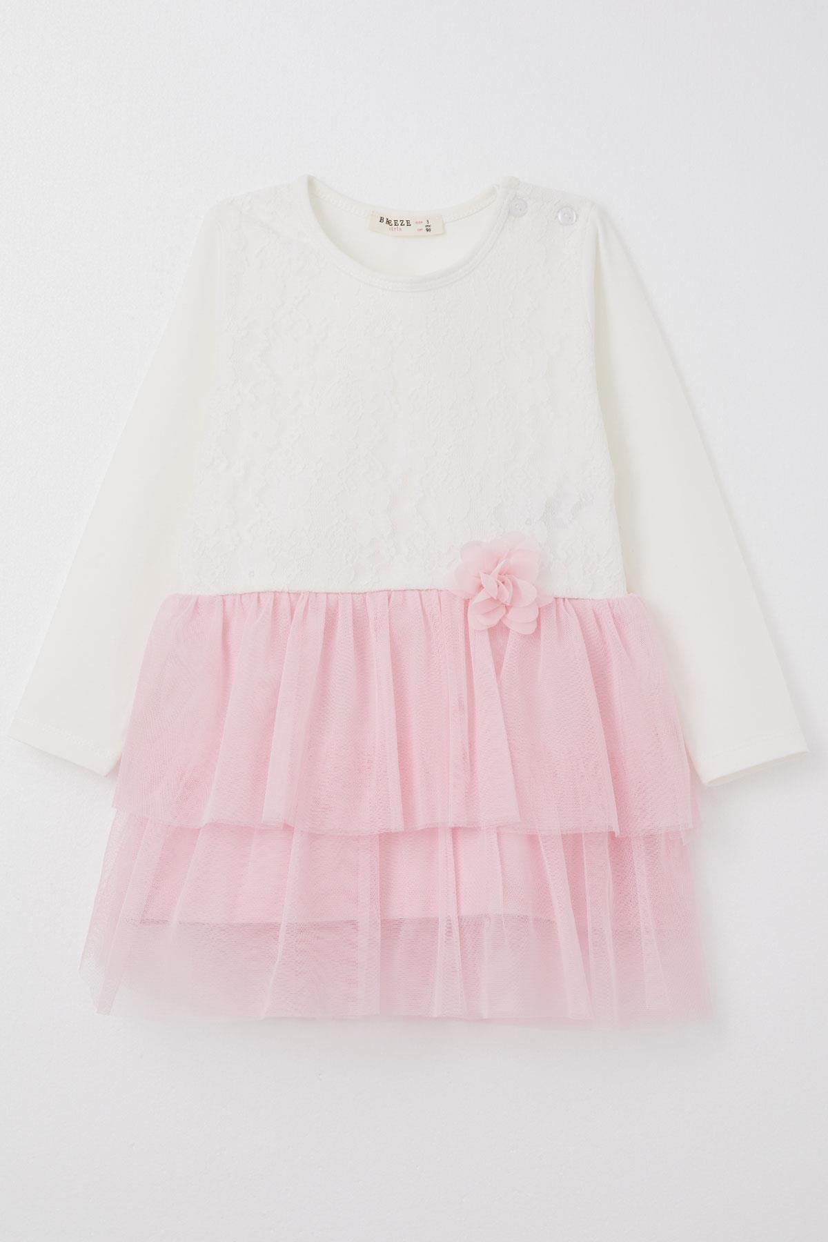 Breeze Kız Bebek Uzun Kollu Elbise Dantelli Tüllü Fiyonk Aksesuarlı Beyaz (9 Ay-3 Yaş)