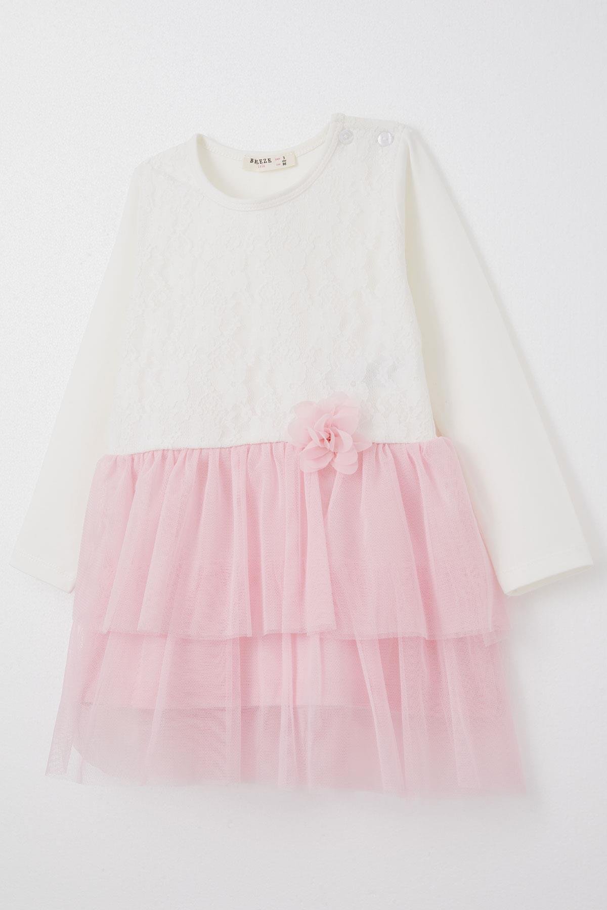 Breeze Kız Bebek Uzun Kollu Elbise Dantelli Tüllü Fiyonk Aksesuarlı Beyaz (9 Ay-3 Yaş)