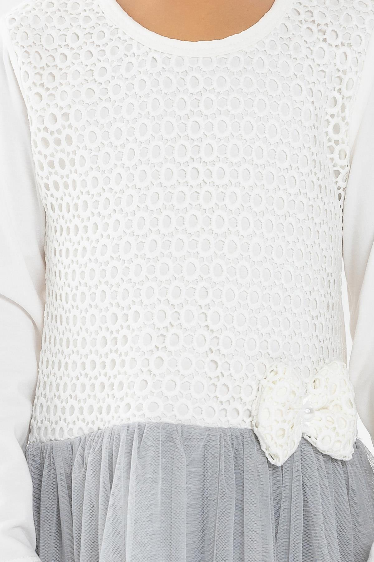 Breeze Kız Bebek Uzun Kollu Elbise Güpürlü Fiyonklu Ekru (2 Yaş)