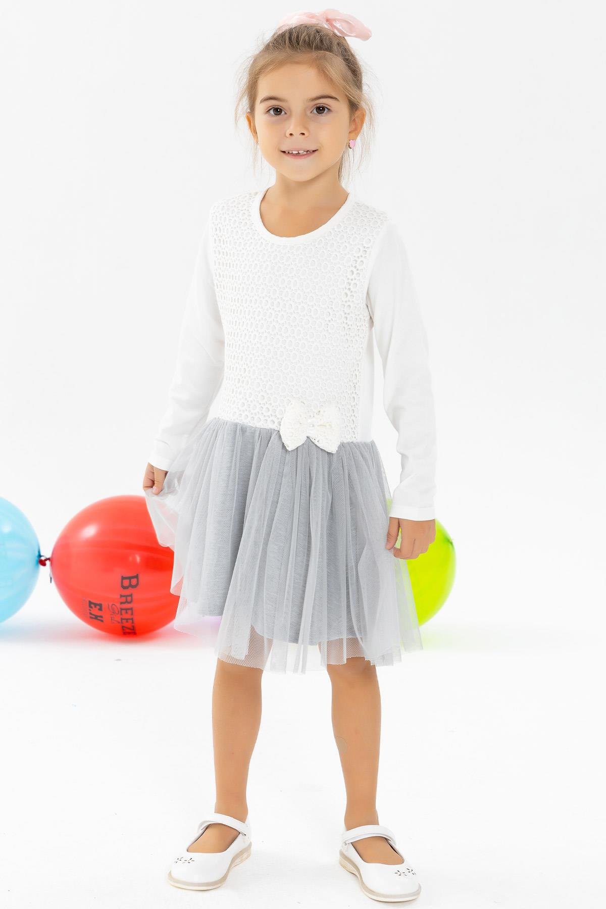 Breeze Kız Bebek Uzun Kollu Elbise Güpürlü Fiyonklu Ekru (2 Yaş)