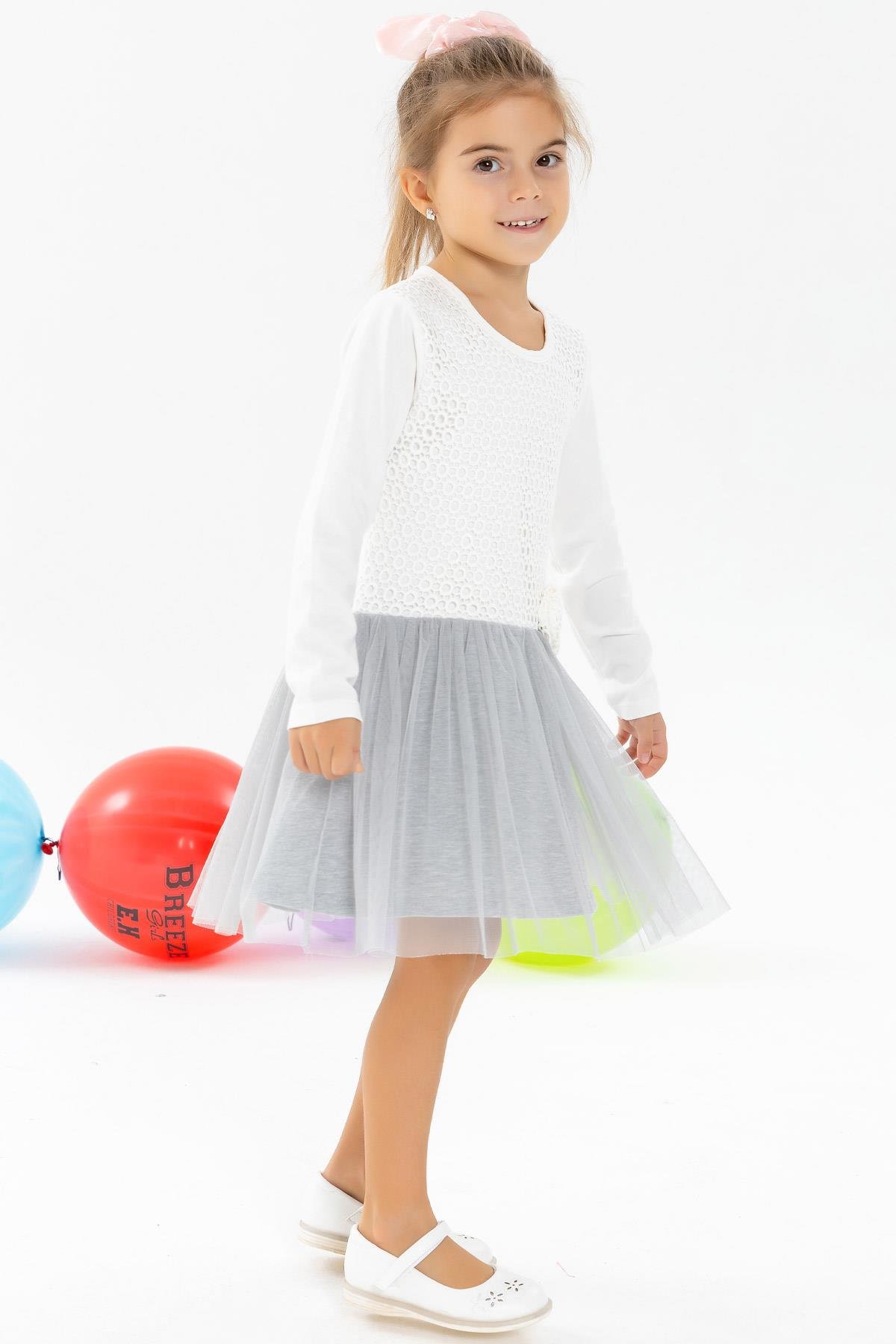 Breeze Kız Bebek Uzun Kollu Elbise Güpürlü Fiyonklu Ekru (2 Yaş)