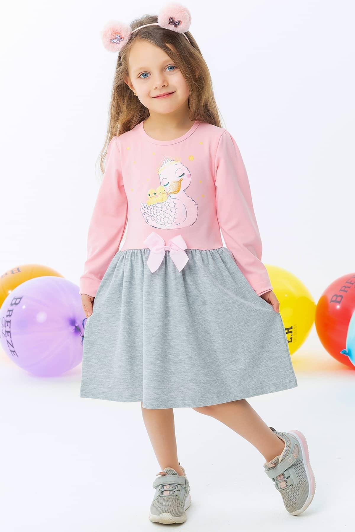 Breeze Kız Bebek Uzun Kollu Elbise Simli Ördek Baskılı Pudra (1.5-2 Yaş)