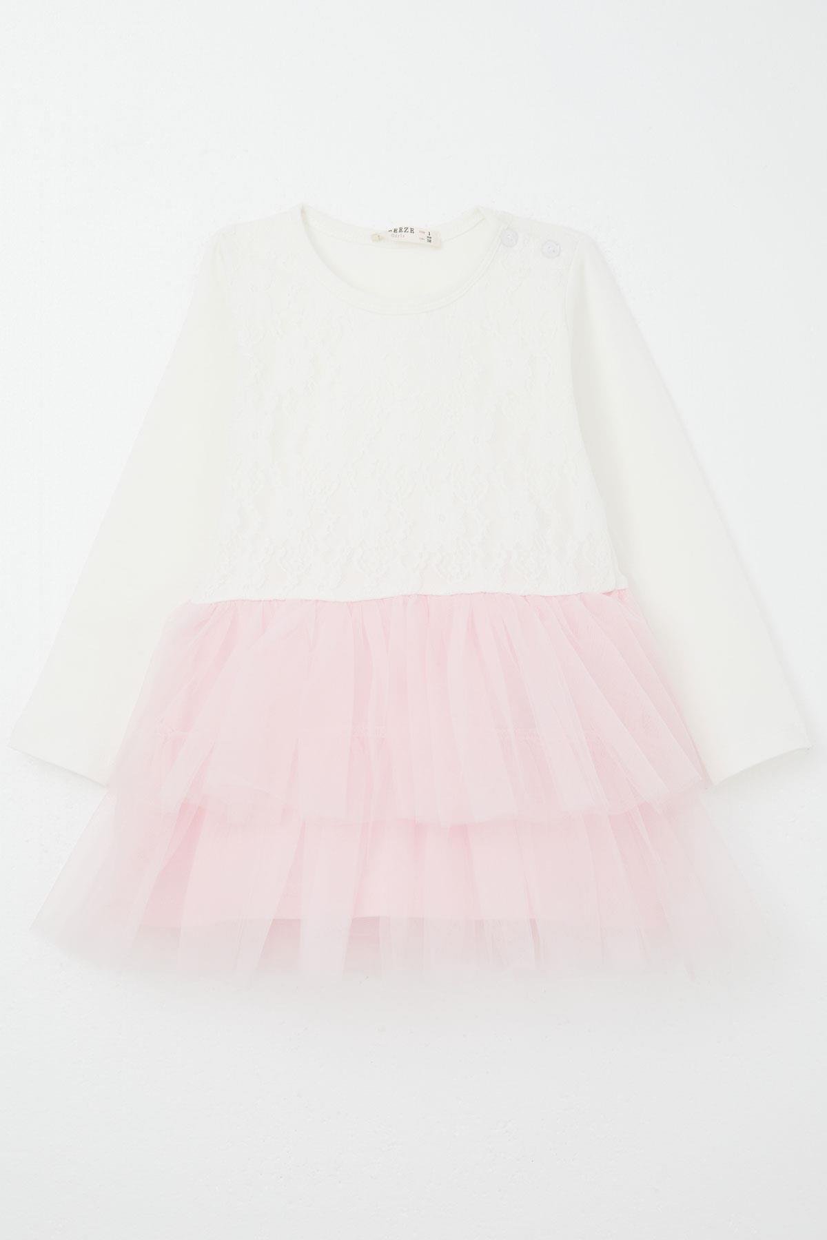 Breeze Kız Bebek Uzun Kollu Elbise Tül Çiçekli Ekru (9 Ay-3 Yaş)