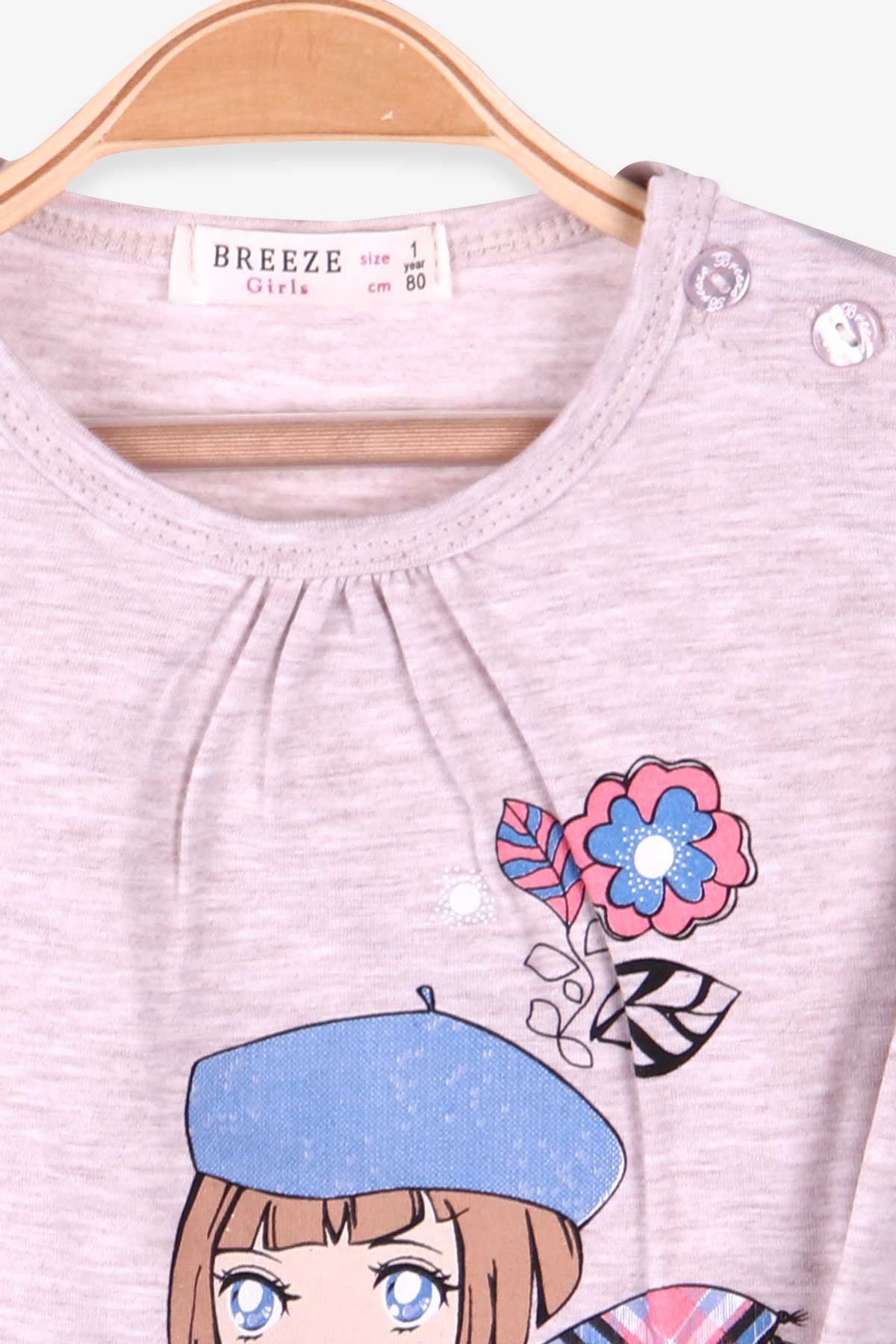 Breeze Kız Bebek Uzun Kollu Tişört Baskılı Bej Melanj (1 Yaş)