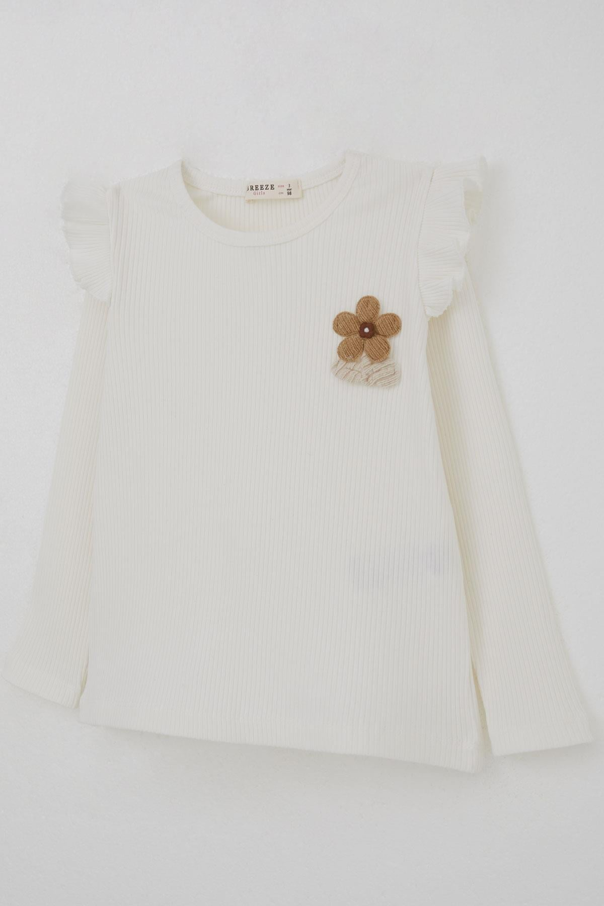 Breeze Kız Bebek Uzun Kollu Tişört Çiçek Aksesuarlı Ekru (2 Yaş)