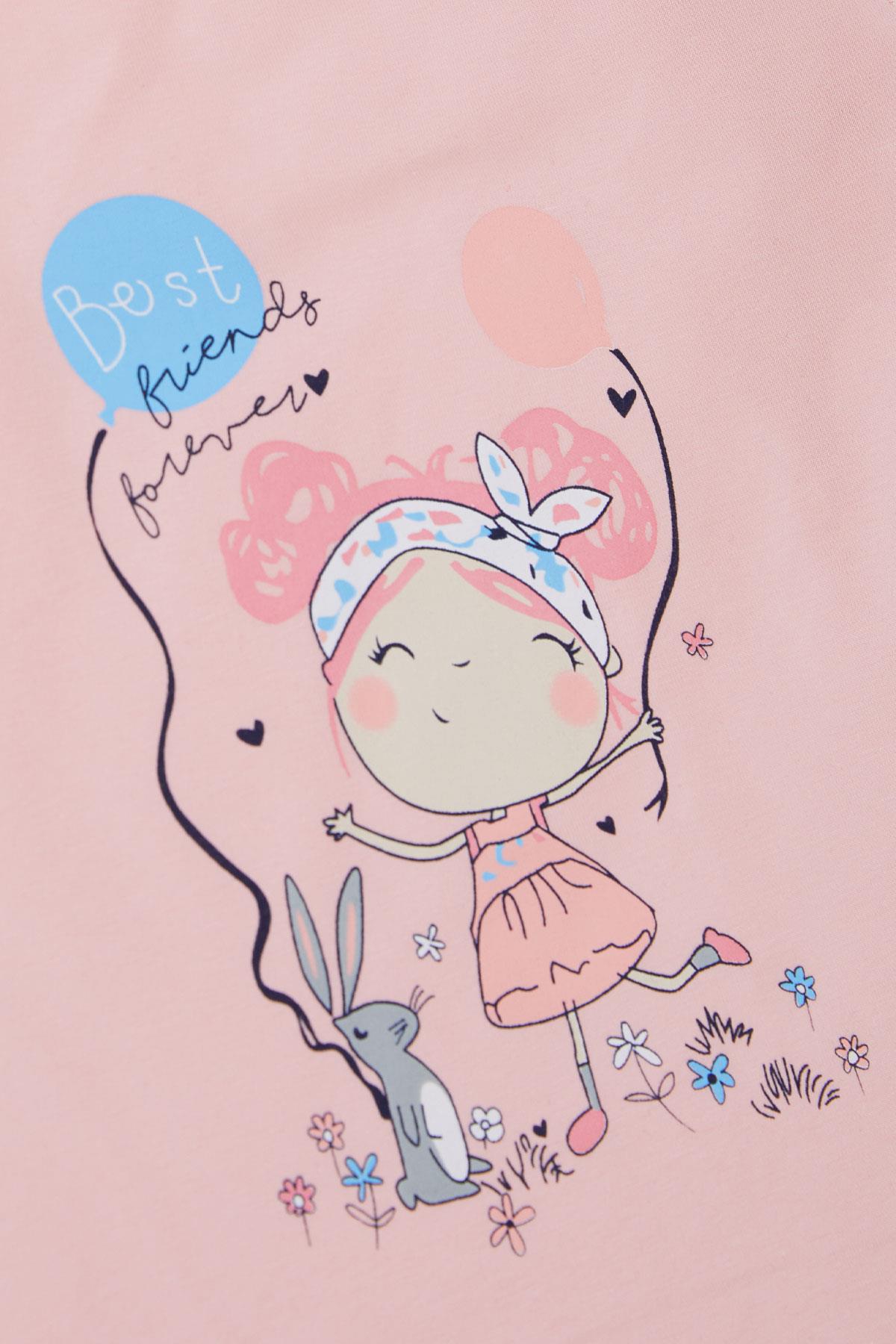 Breeze Kız Bebek Uzun Kollu Tişört Dostluk Temalı Sevimli Tavşancık & Kız Baskılı Somon (9 Ay-3 Yaş)