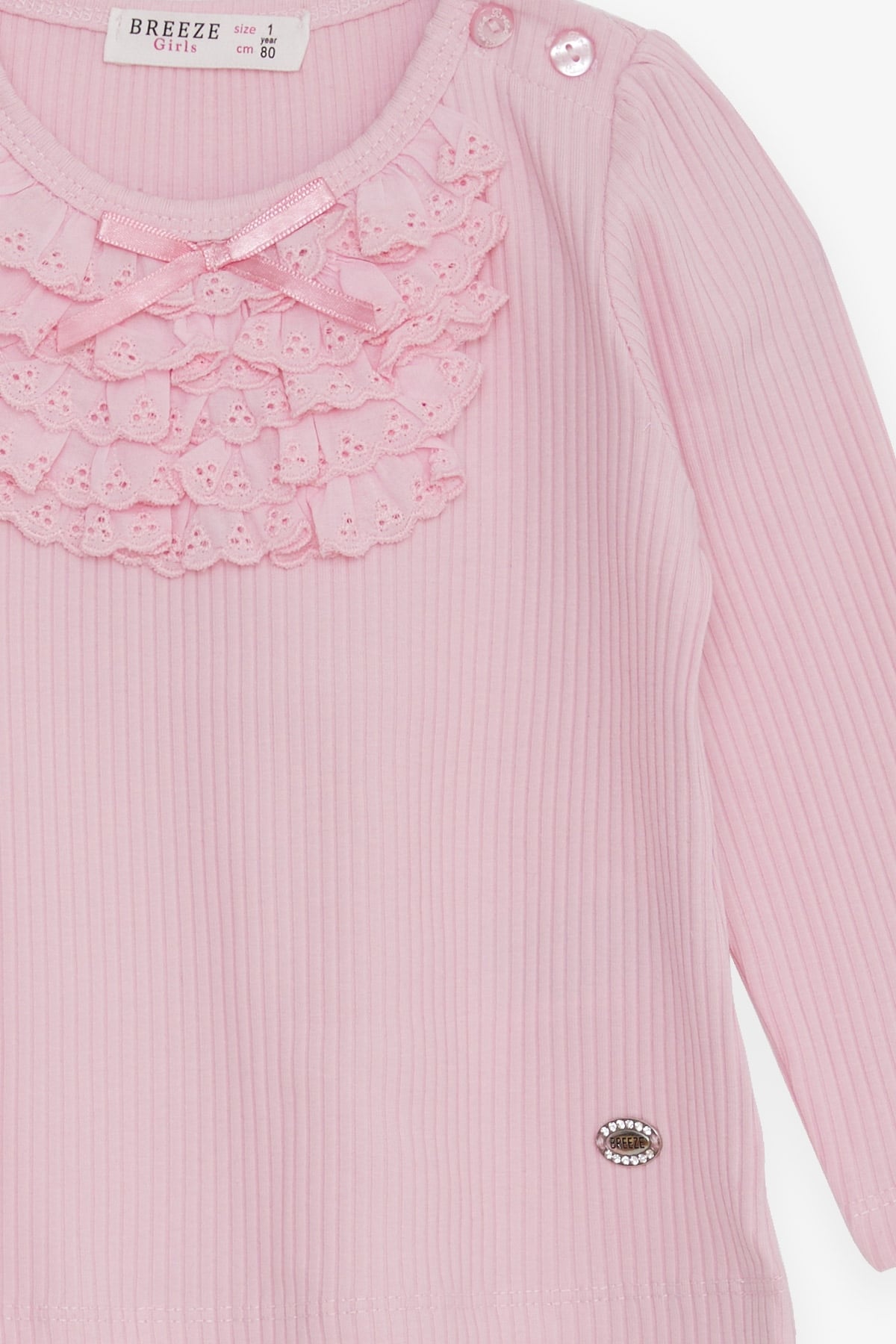 Breeze Kız Bebek Uzun Kollu Tişört Güpürlü Fiyonklu Pembe (6 Ay-2 Yaş)