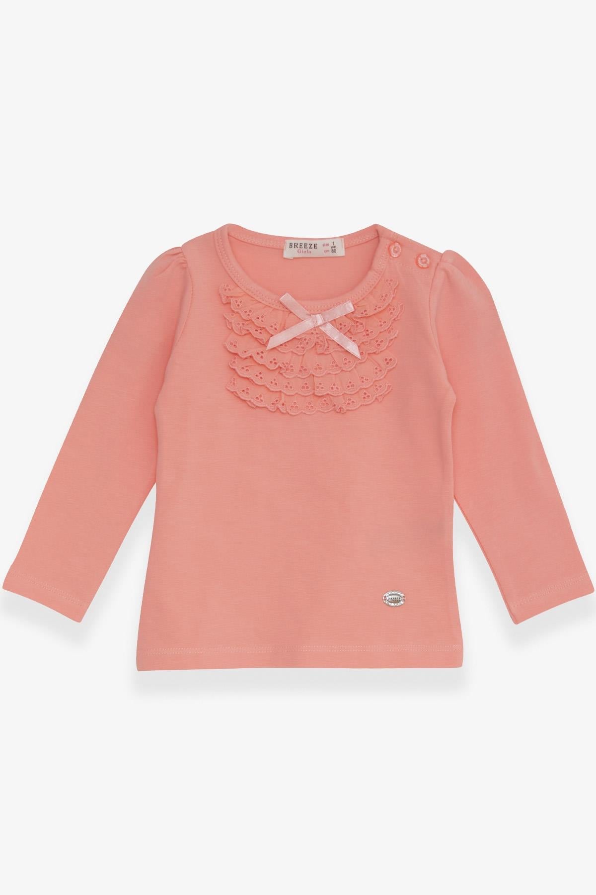 Breeze Kız Bebek Uzun Kollu Tişört Güpürlü Fiyonklu Somon (6 Ay-2 Yaş)