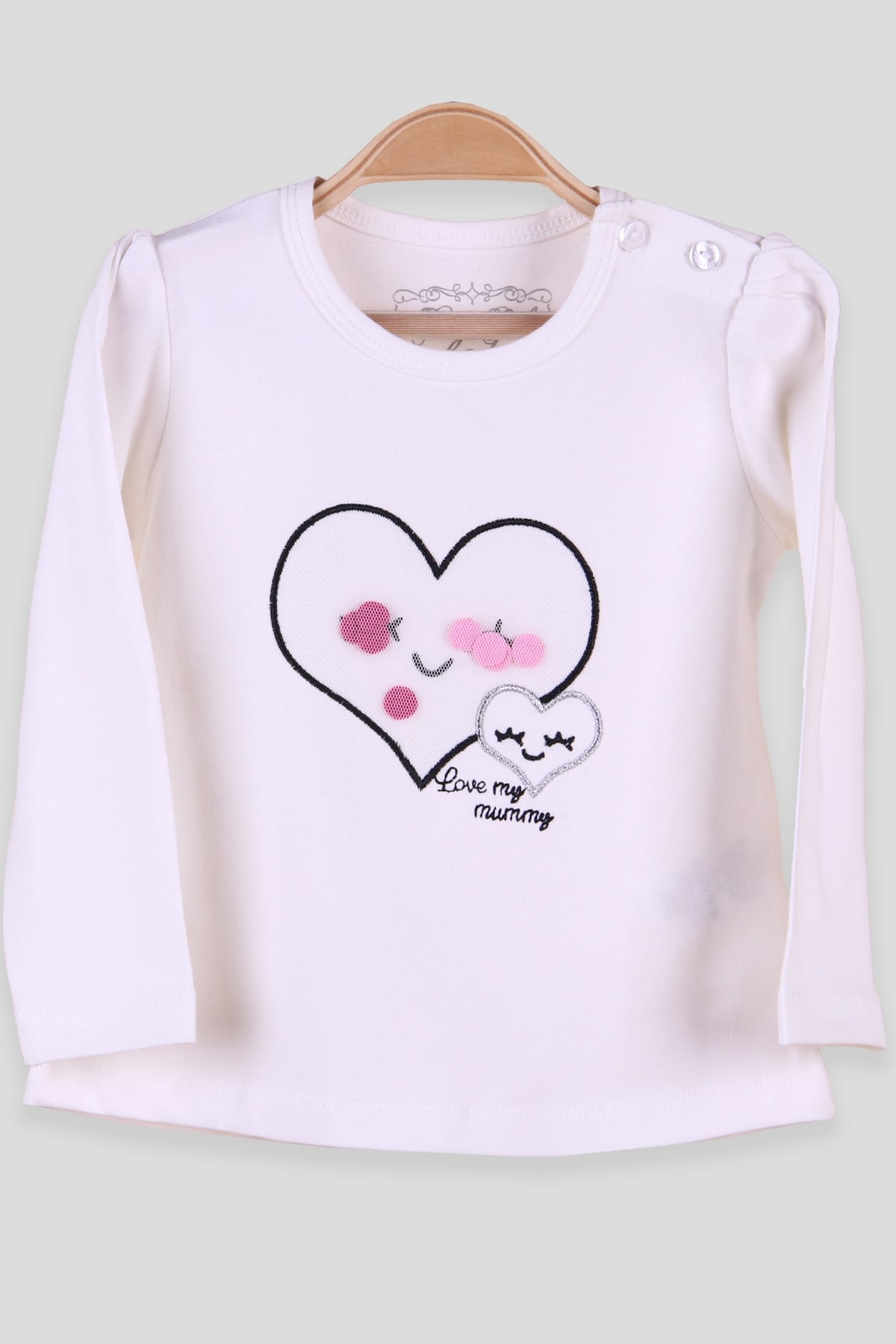 Breeze Kız Bebek Uzun Kollu Tişört Kalp Desenli Ekru (9 Ay-3 Yaş)