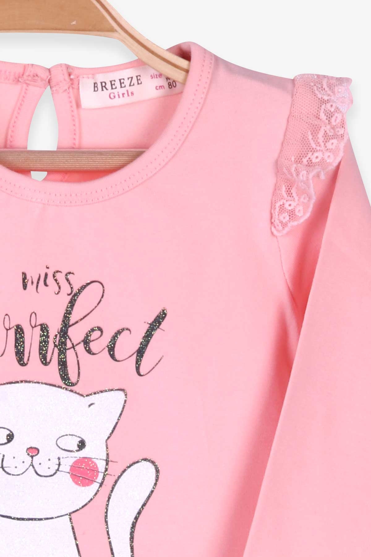 Breeze Kız Bebek Uzun Kollu Tişört Kedi Baskılı Simli Somon (9 Ay-3 Yaş)