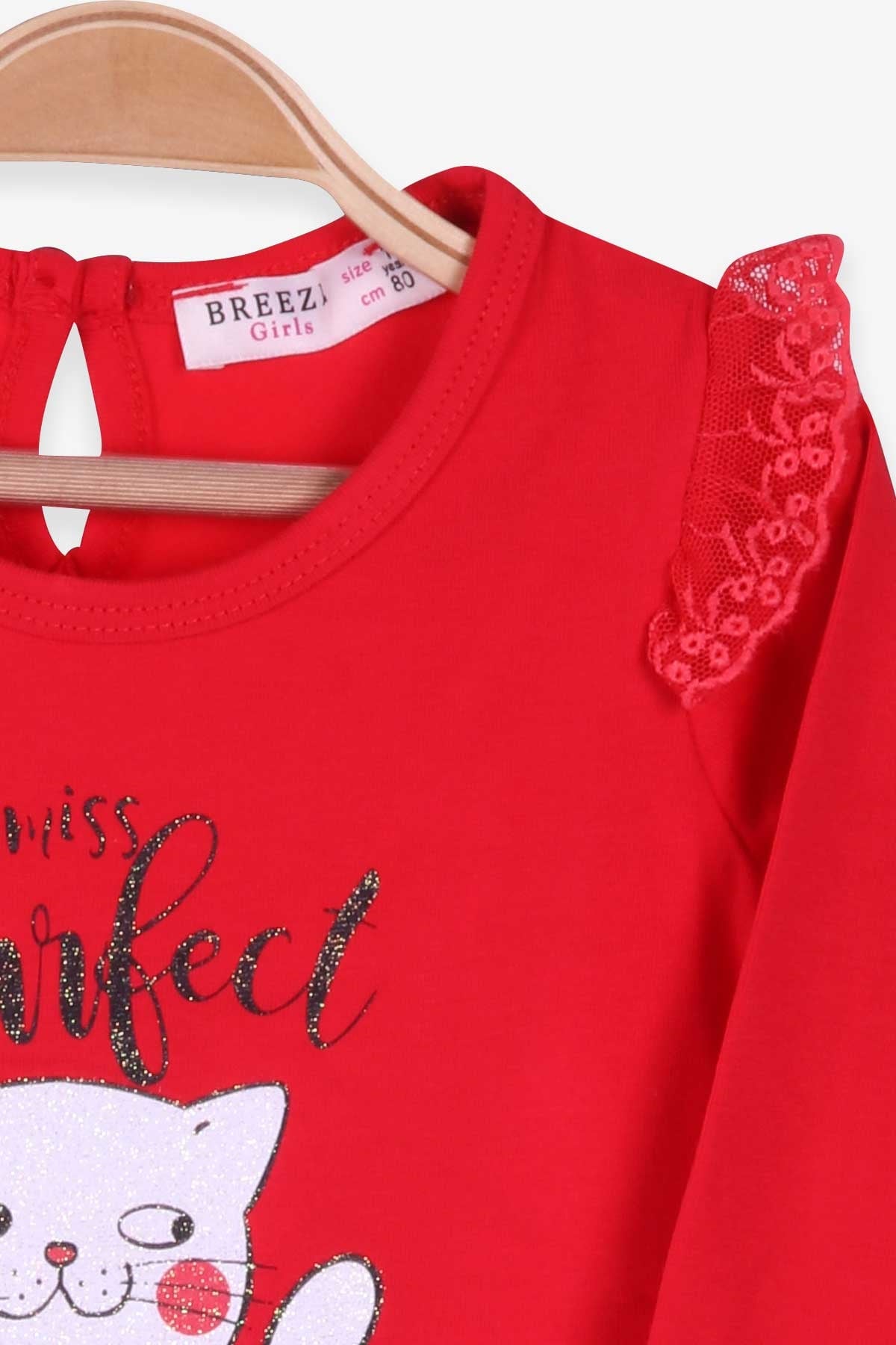 Breeze Kız Bebek Uzun Kollu Tişört Kedi Baskılı Simli Kırmızı (9 Ay-3 Yaş)