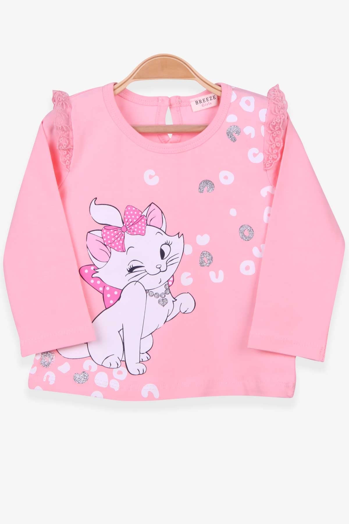 Breeze Kız Bebek Uzun Kollu Tişört Kedi Baskılı Pudra (9 Ay-3 Yaş)