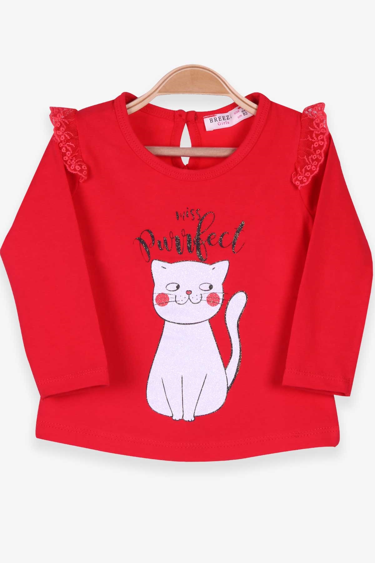 Breeze Kız Bebek Uzun Kollu Tişört Kedi Baskılı Simli Kırmızı (9 Ay-3 Yaş)