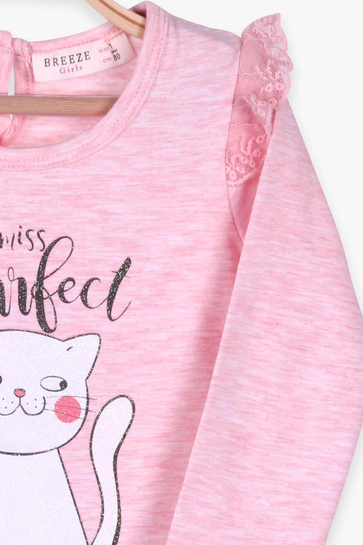 Breeze Kız Bebek Uzun Kollu Tişört Kedi Baskılı Simli Somon Melanj (9 Ay-3 Yaş)