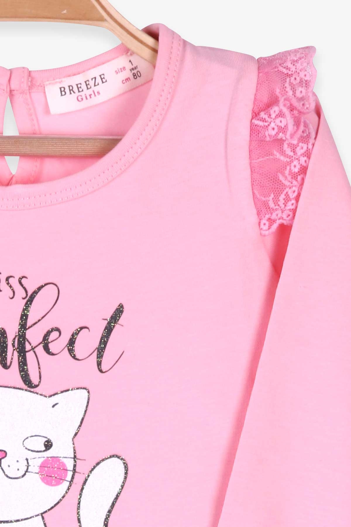 Breeze Kız Bebek Uzun Kollu Tişört Kedi Baskılı Simli Pudra (9 Ay-3 Yaş)