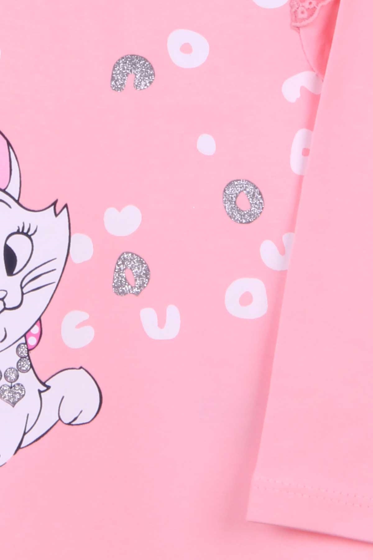 Breeze Kız Bebek Uzun Kollu Tişört Kedi Baskılı Pudra (9 Ay-3 Yaş)
