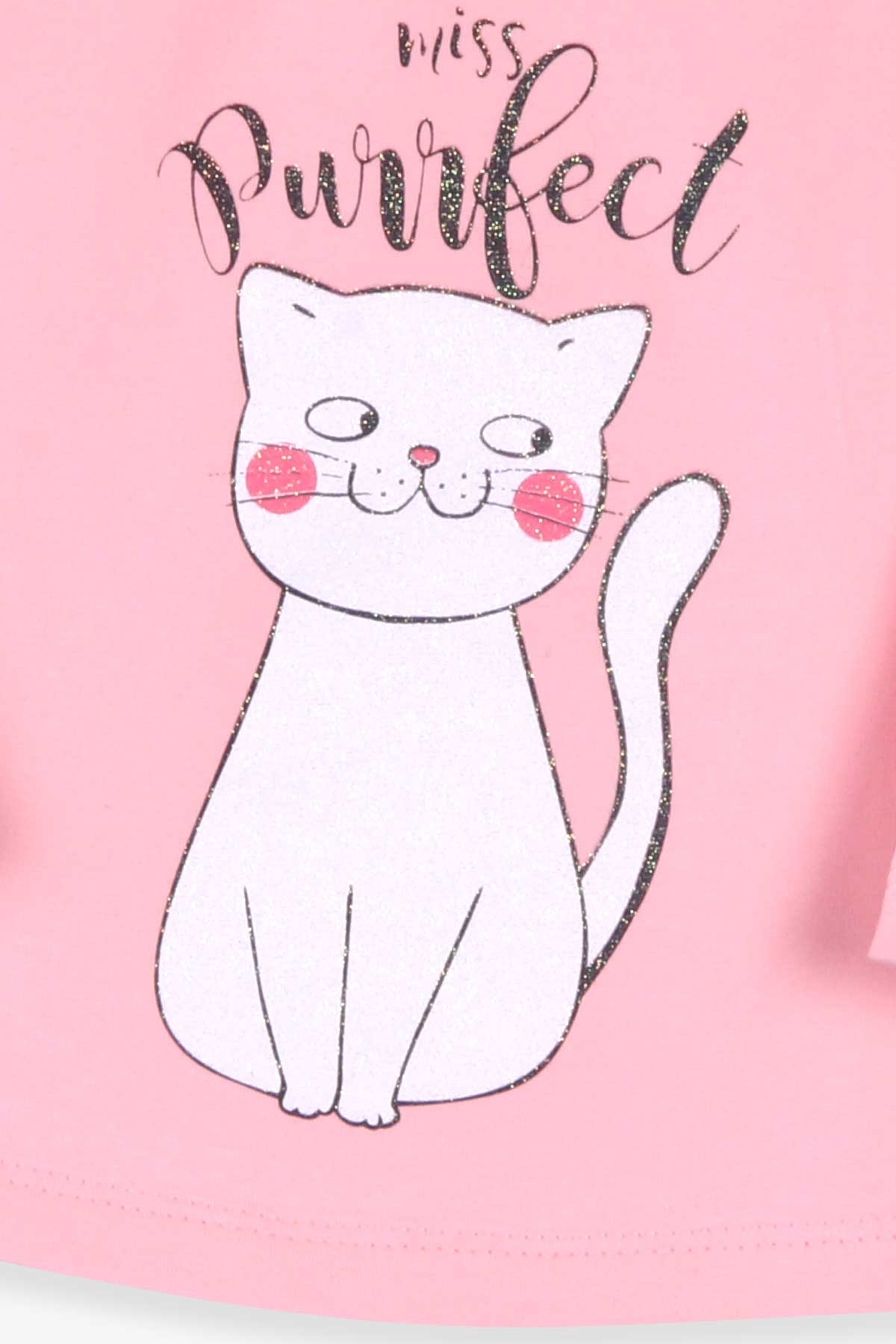 Breeze Kız Bebek Uzun Kollu Tişört Kedi Baskılı Simli Somon (9 Ay-3 Yaş)