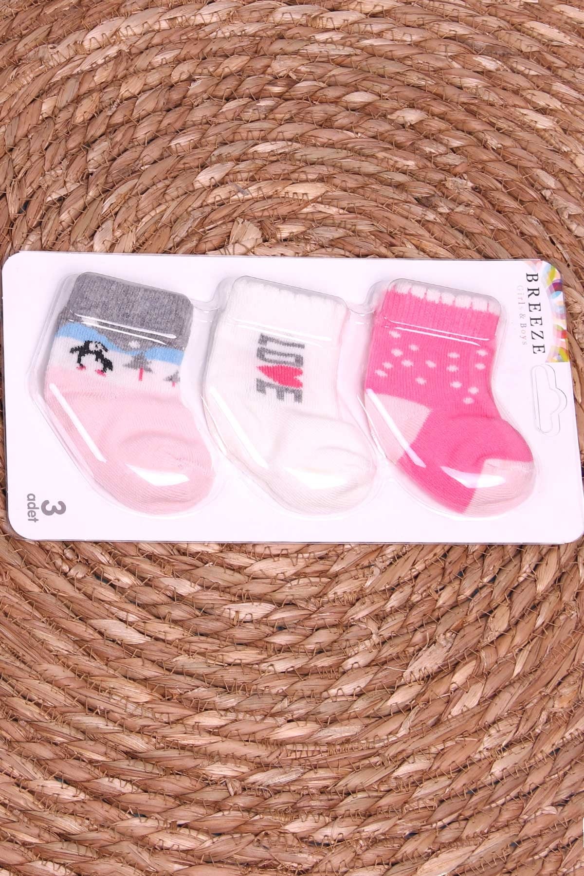 Breeze Kız Bebek Yenidoğan Çorap 3 lü Desenli Karışık Renk