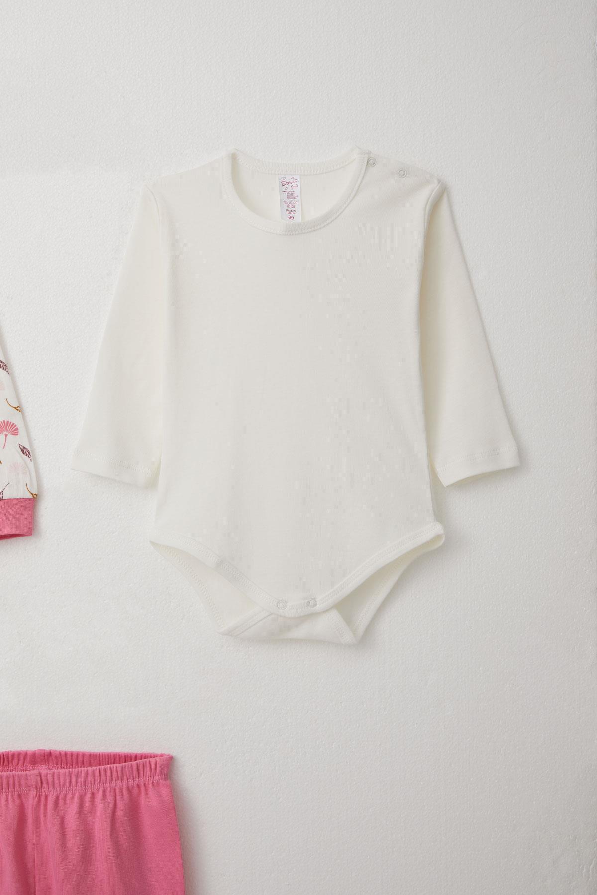 Breeze Kız Bebek Zıbınlı 3 lü Takım Çiçek Desenli Beyaz (4 Ay-1 Yaş)