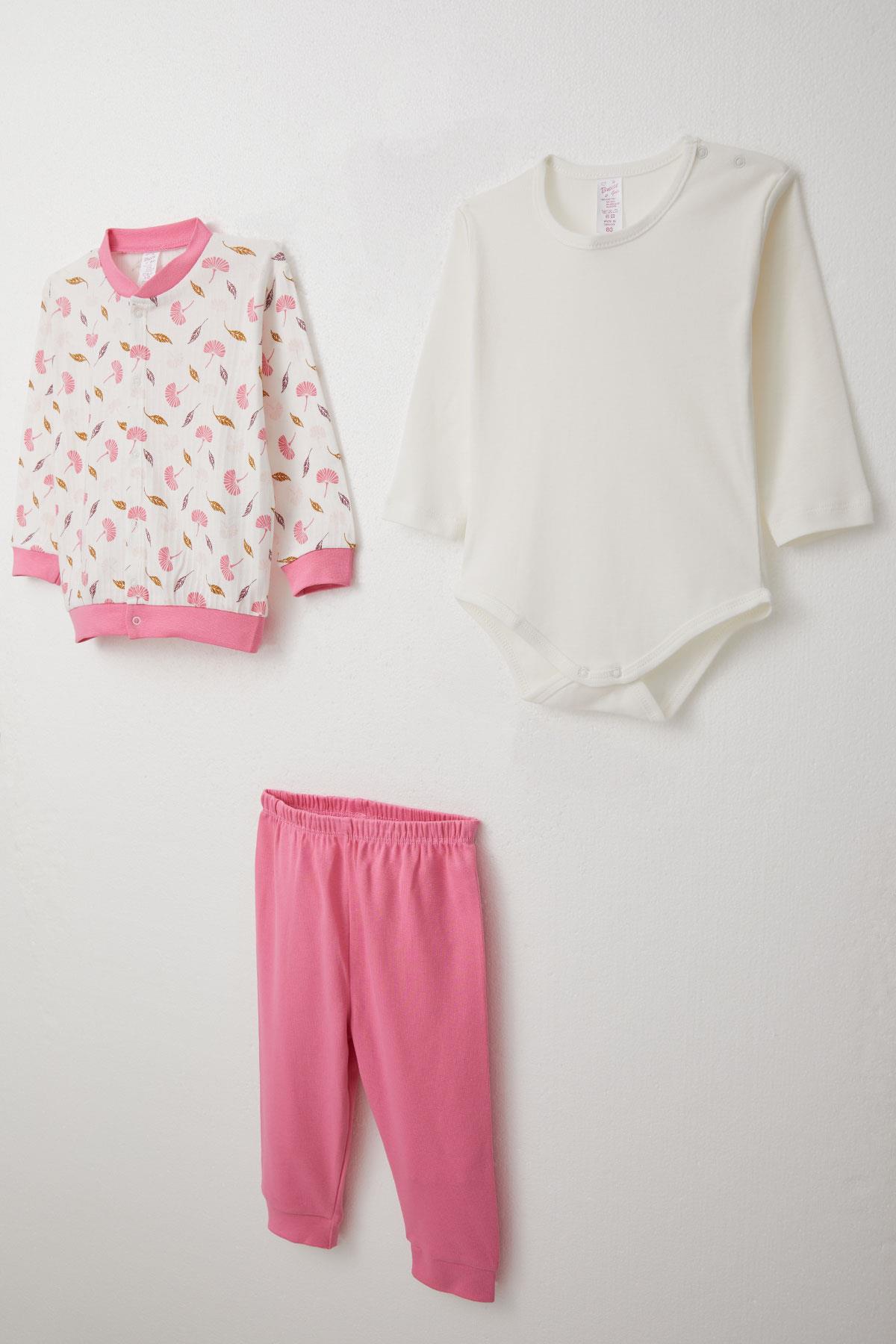 Breeze Kız Bebek Zıbınlı 3 lü Takım Çiçek Desenli Beyaz (4 Ay-1 Yaş)