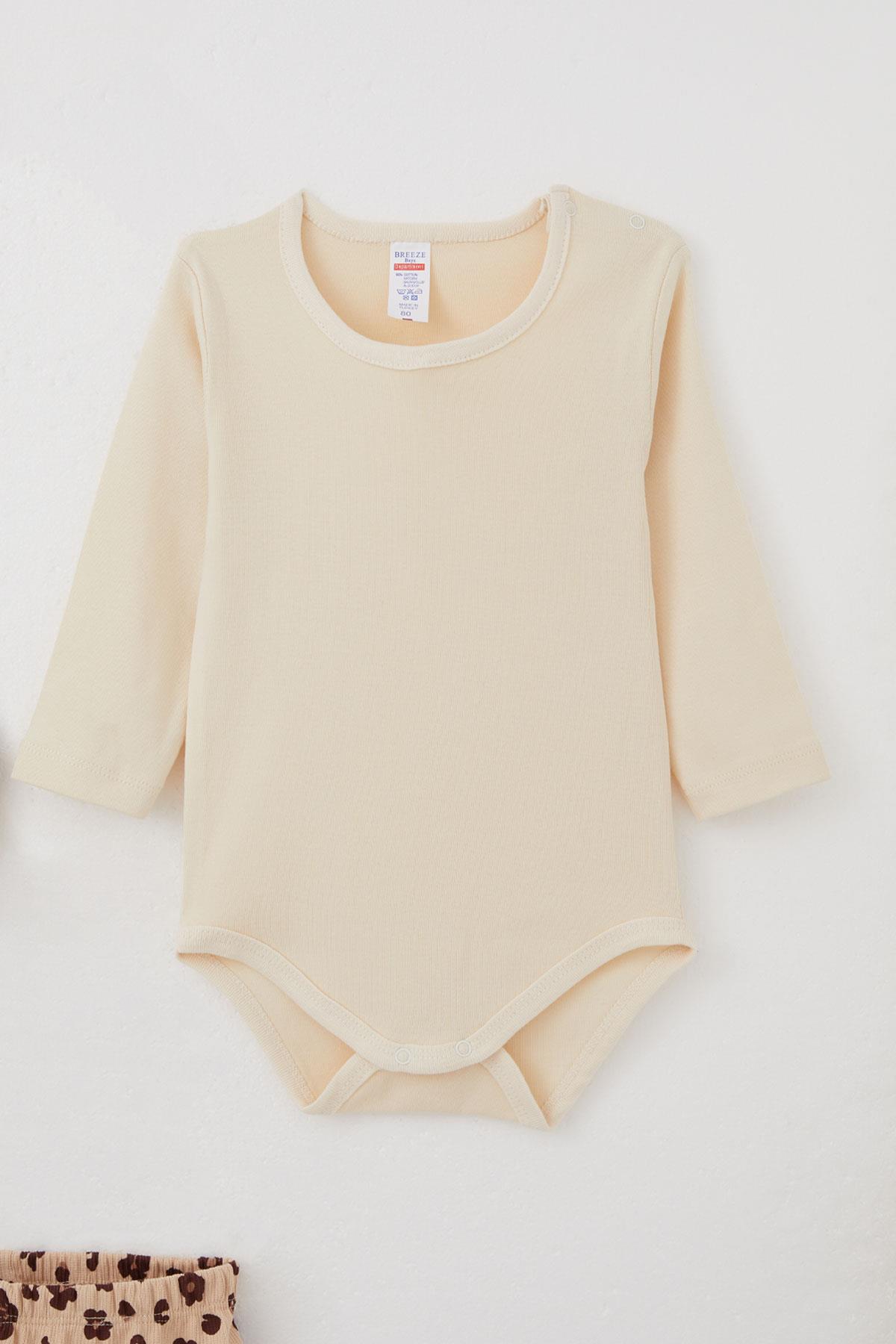 Breeze Kız Bebek Zıbınlı 3 lü Takım Çiçek Desenli Yelekli Bej (4 Ay-1 Yaş)