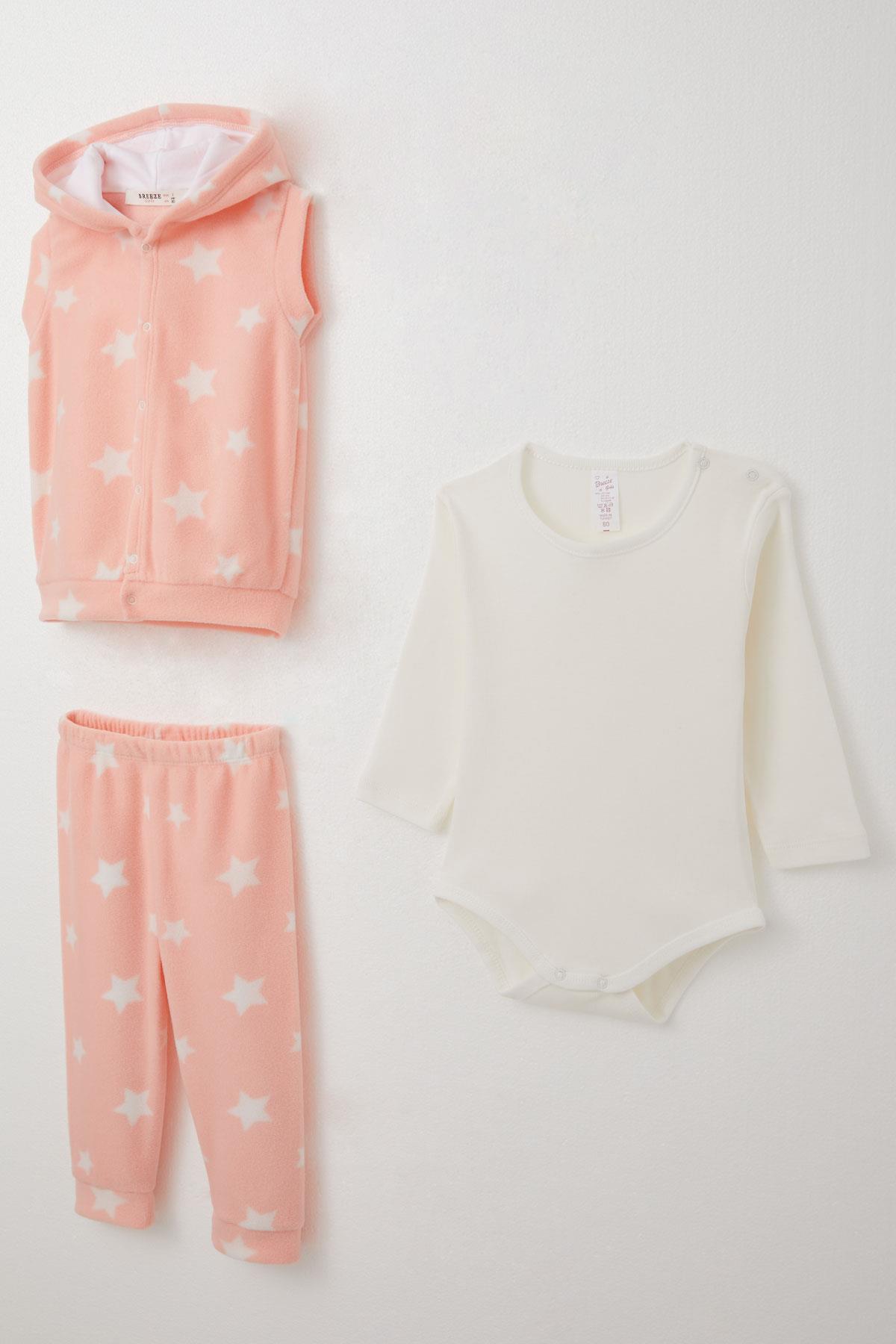 Breeze Kız Bebek Zıbınlı 3 lü Takım Polar Yıldız Desenli Somon (4 Ay-1 Yaş)