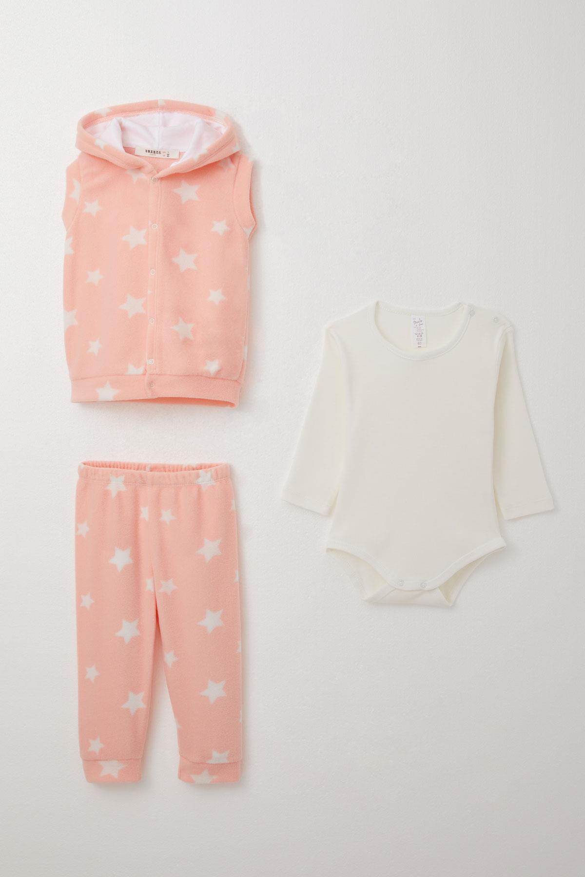 Breeze Kız Bebek Zıbınlı 3 lü Takım Polar Yıldız Desenli Somon (4 Ay-1 Yaş)