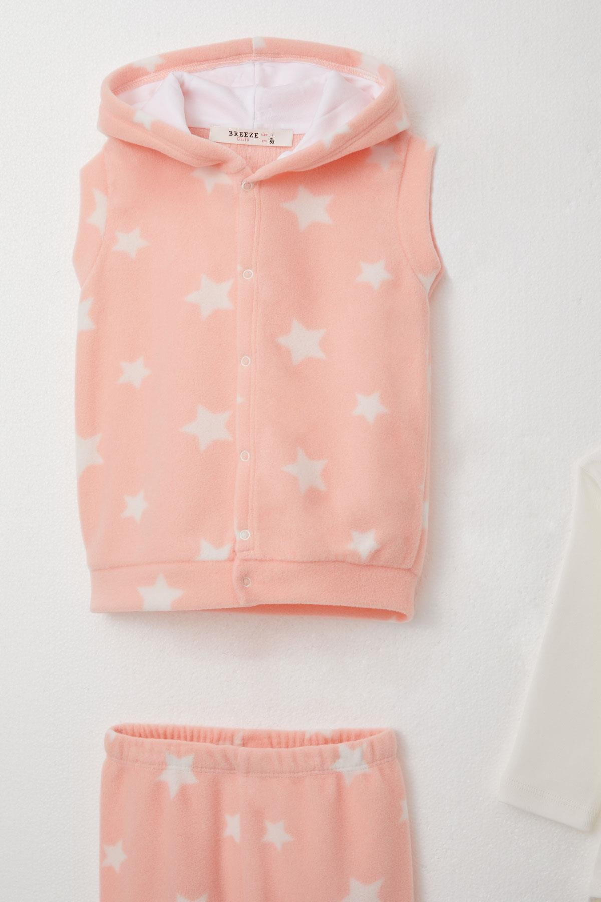 Breeze Kız Bebek Zıbınlı 3 lü Takım Polar Yıldız Desenli Somon (4 Ay-1 Yaş)