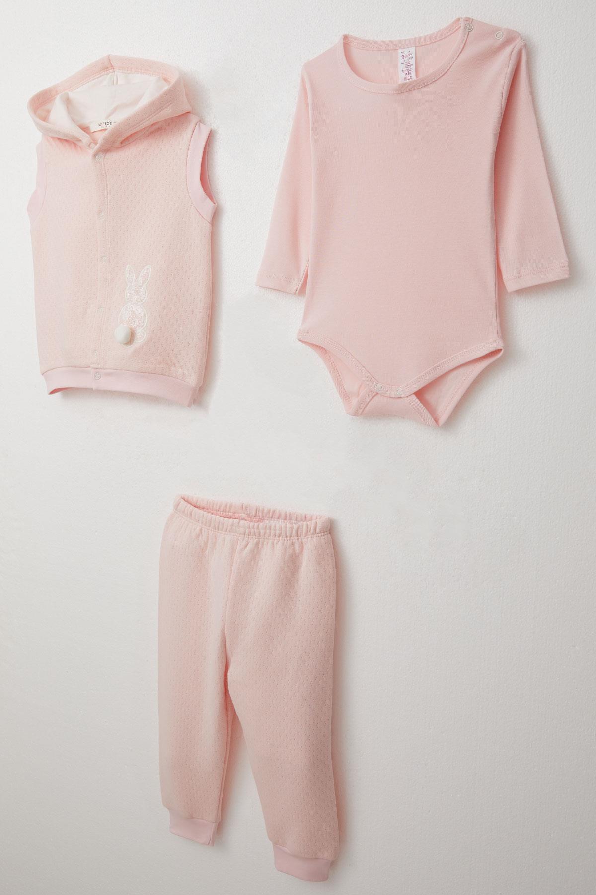 Breeze Kız Bebek Zıbınlı 3 lü Takım Tavşancık Nakışlı Ponponlu Pudra (4 Ay-1 Yaş)