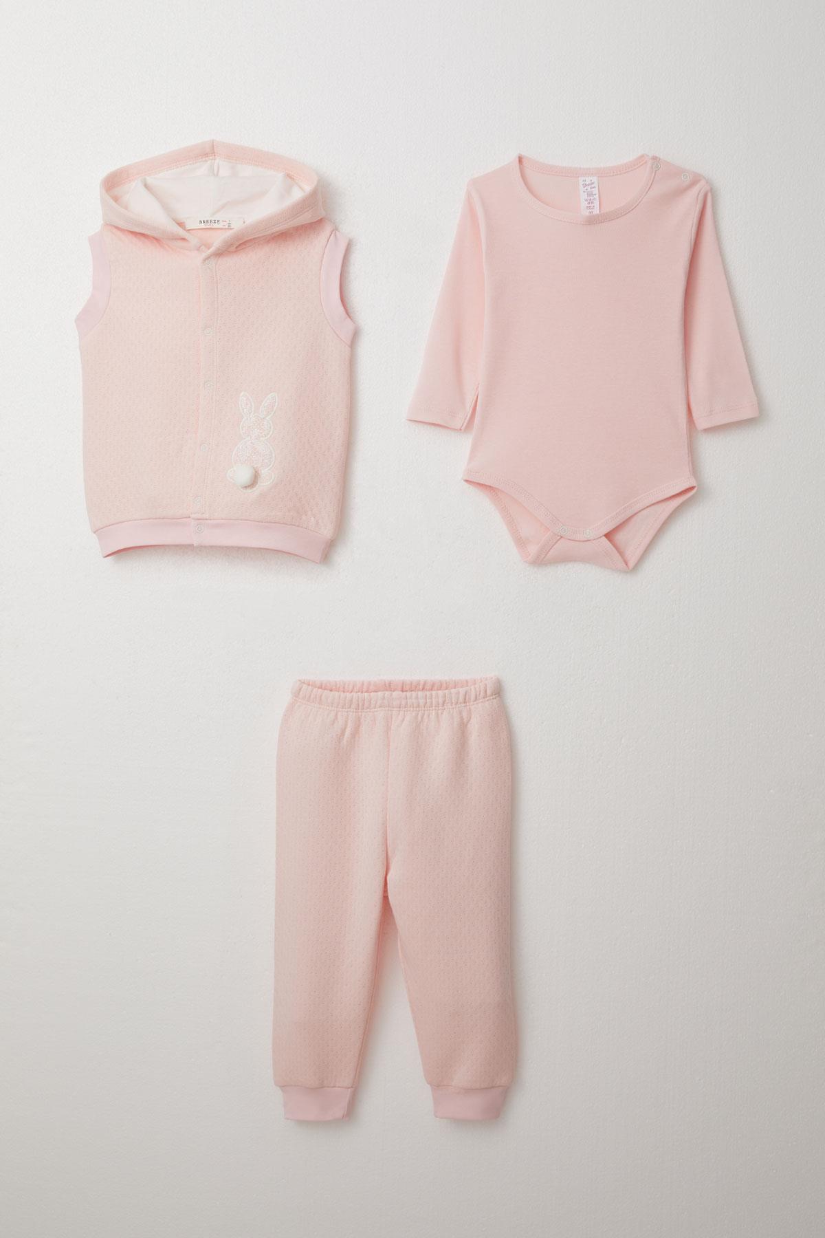 Breeze Kız Bebek Zıbınlı 3 lü Takım Tavşancık Nakışlı Ponponlu Pudra (4 Ay-1 Yaş)