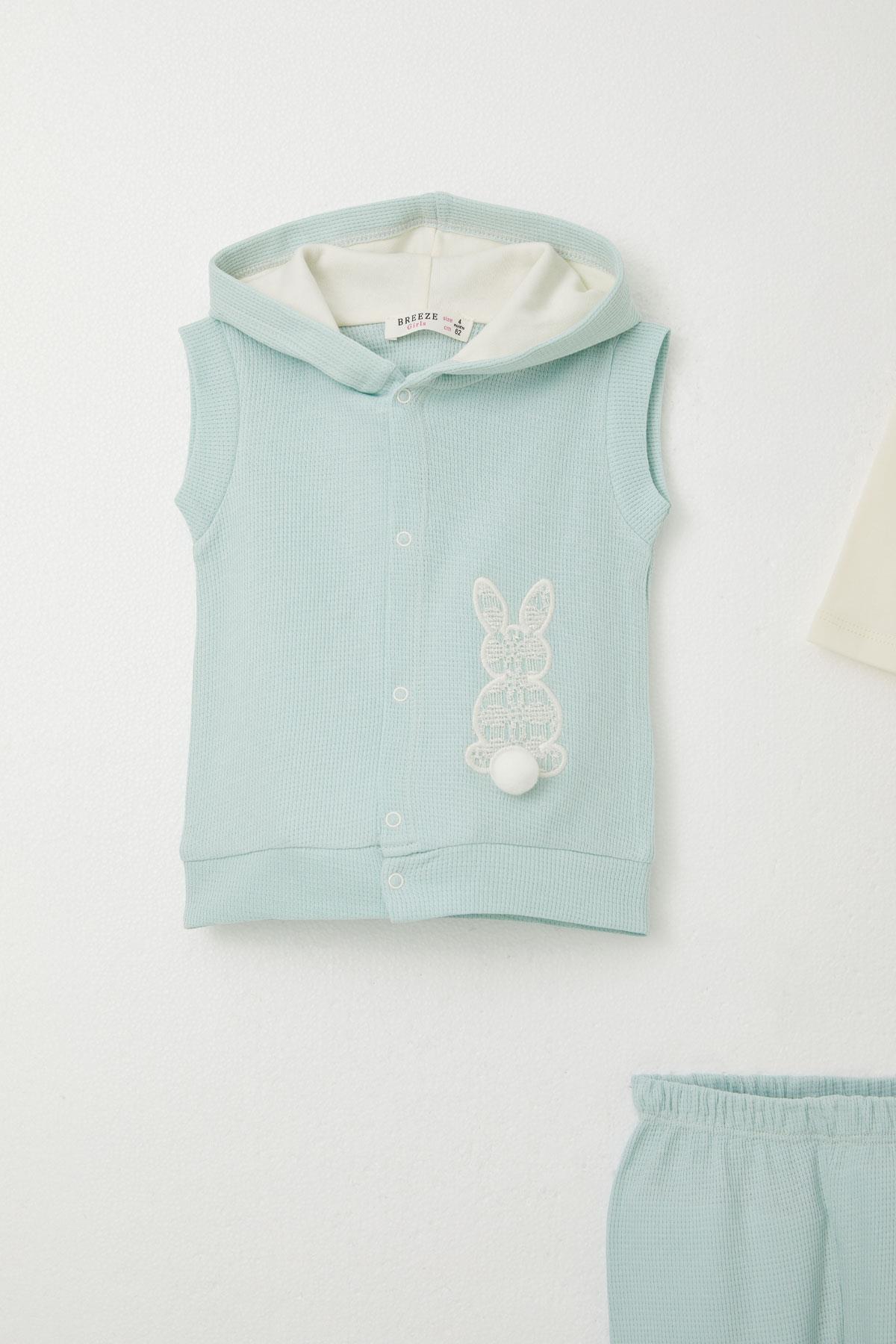 Breeze Kız Bebek Zıbınlı 3 lü Takım Tavşan Nakışlı Ponponlu Su Yeşili (4 Ay-1 Yaş)