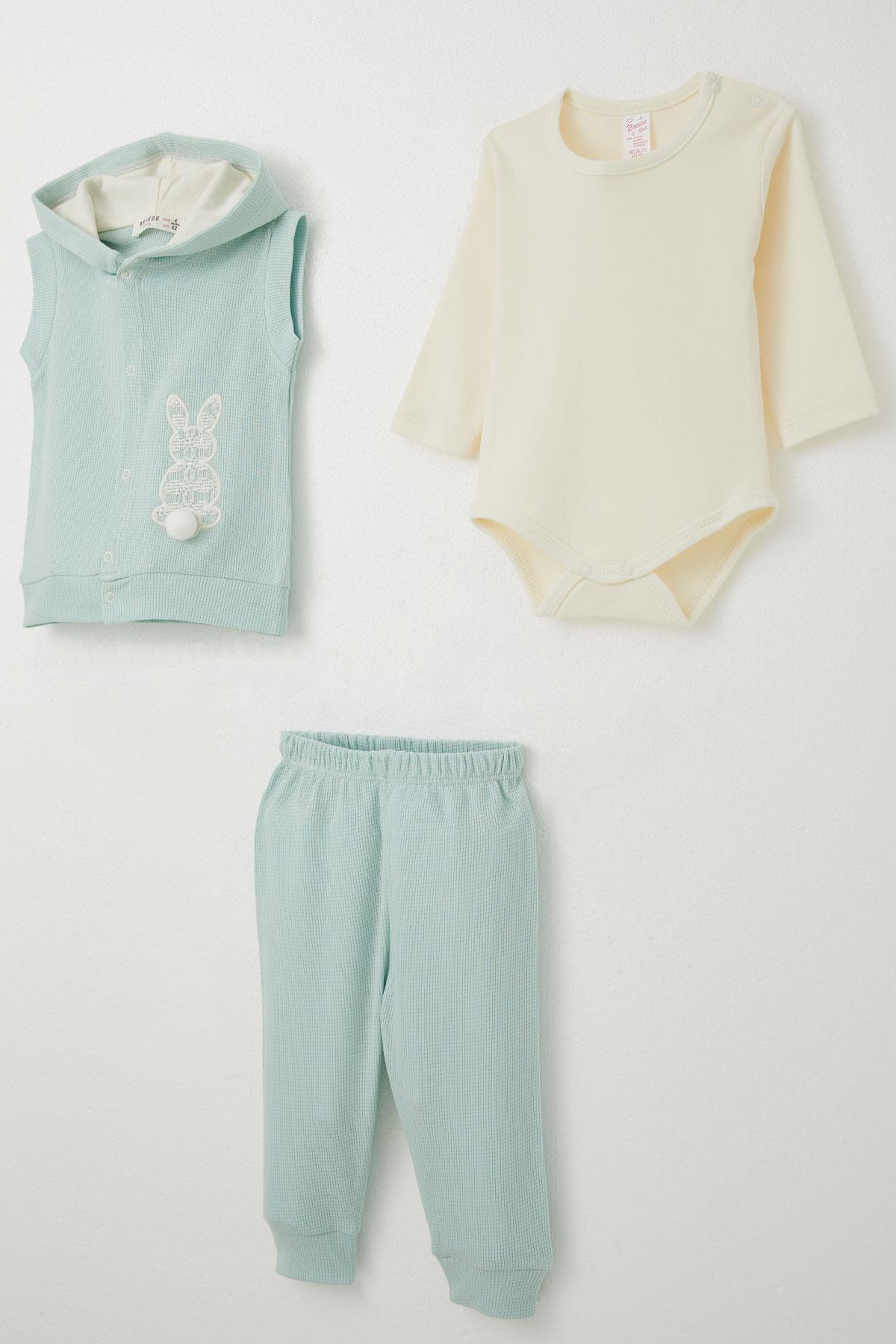 Breeze Kız Bebek Zıbınlı 3 lü Takım Tavşan Nakışlı Ponponlu Su Yeşili (4 Ay-1 Yaş)