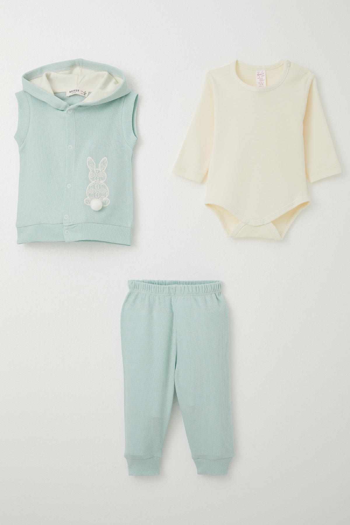 Breeze Kız Bebek Zıbınlı 3 lü Takım Tavşan Nakışlı Ponponlu Su Yeşili (4 Ay-1 Yaş)